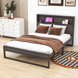 Smart Rustic Farmhouse Queen Size Platform Bed with Storage Headboard - [Sockets, USB Ports]