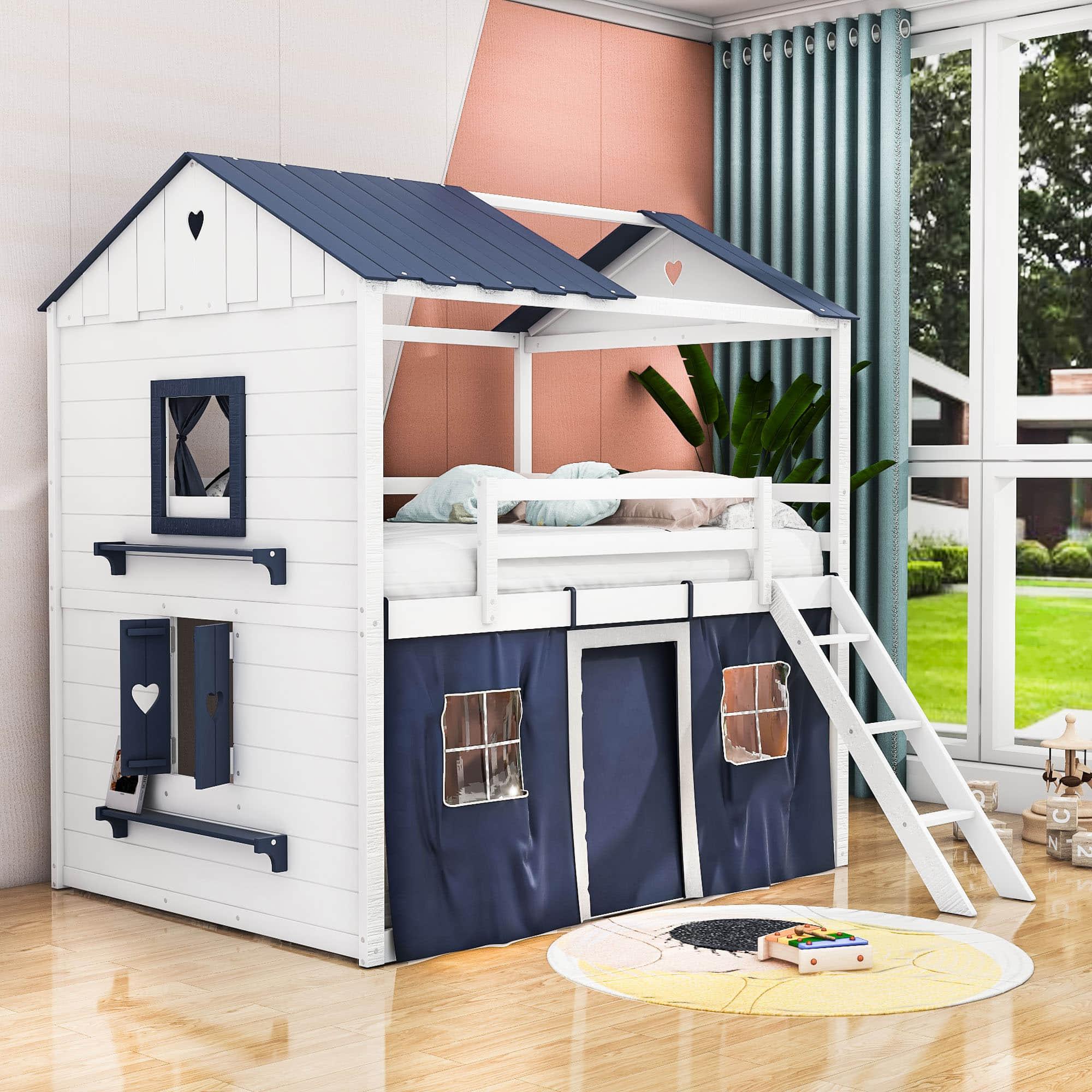 Fun Full Over Full House Loft Bunk Beds for Kids with Curtains - [Low]