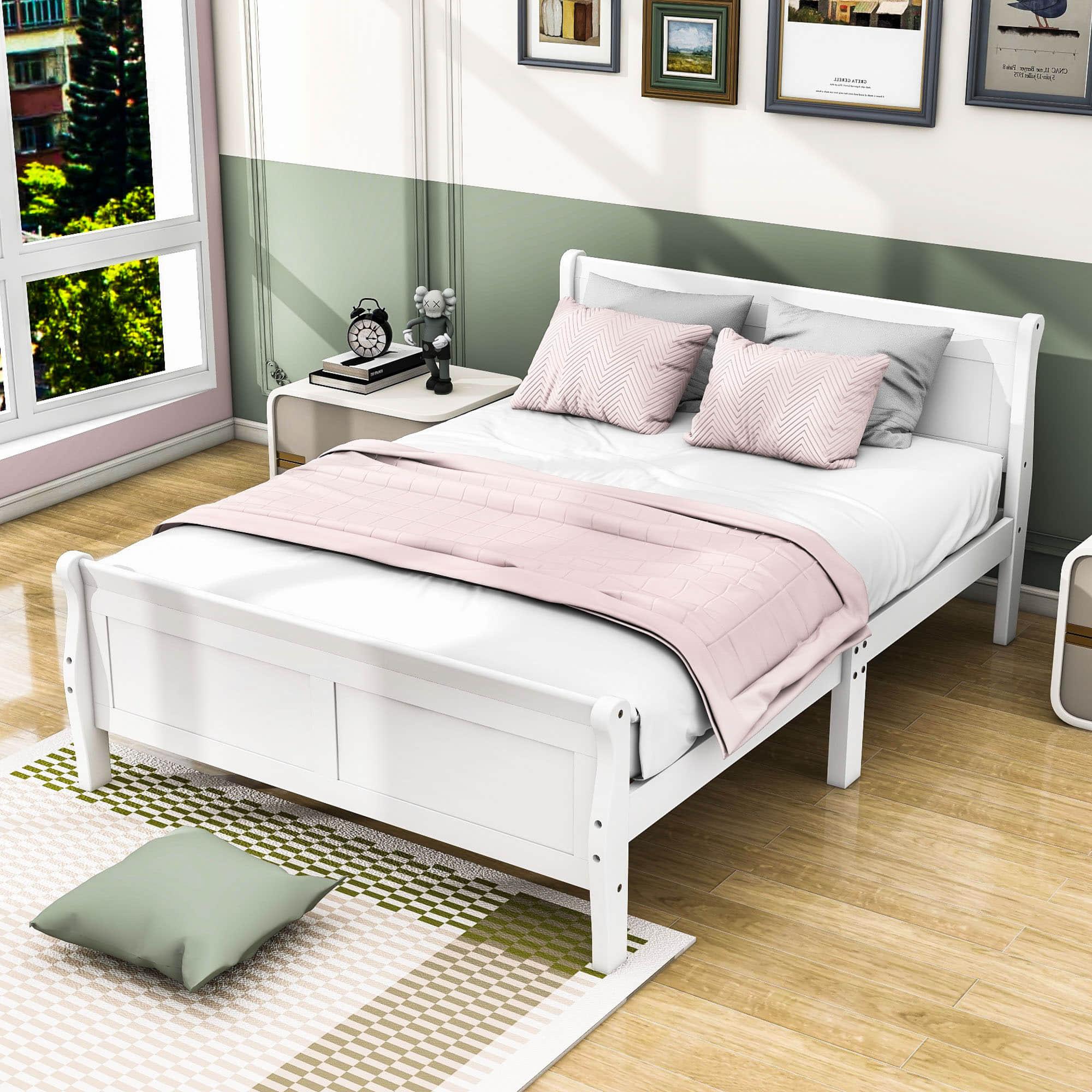 Wooden Full Size Platform Bed with Headboard - [Sleigh]