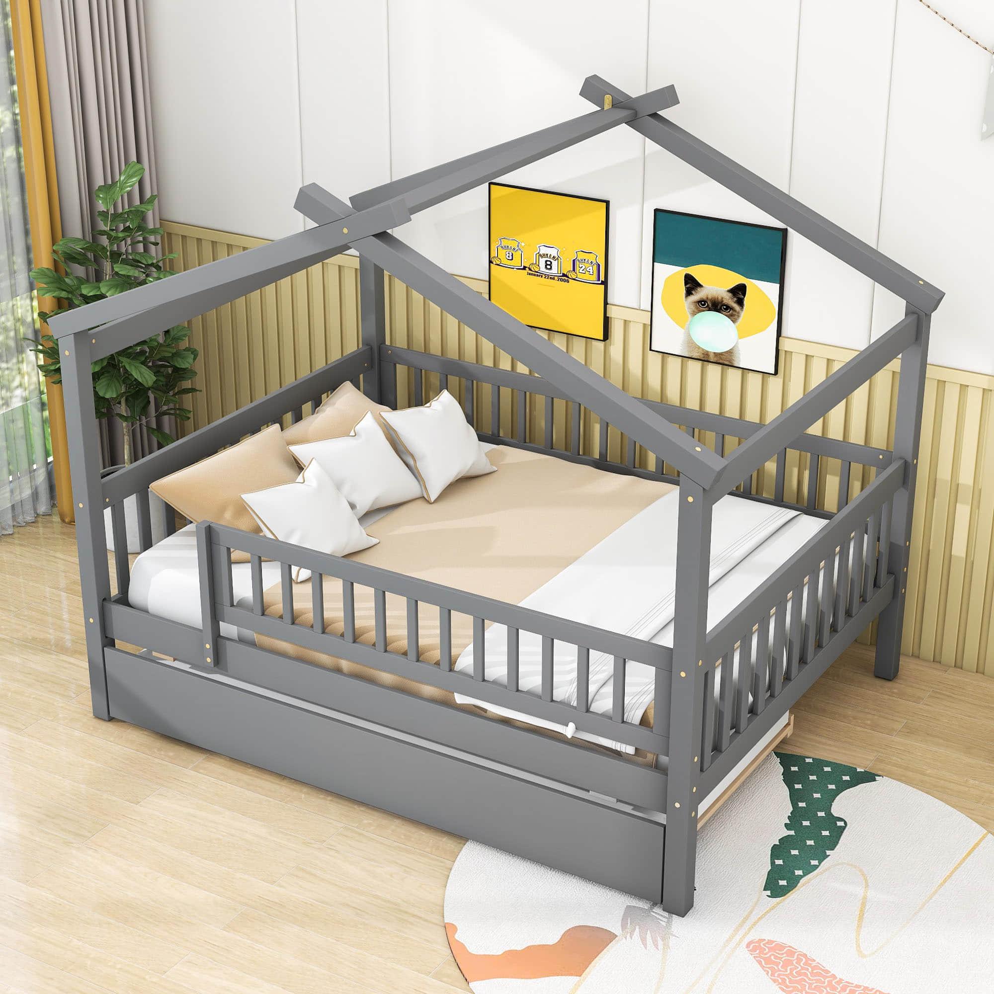 Wooden Full Size House Bed Frame with Twin Trundle for Kids, Toddler