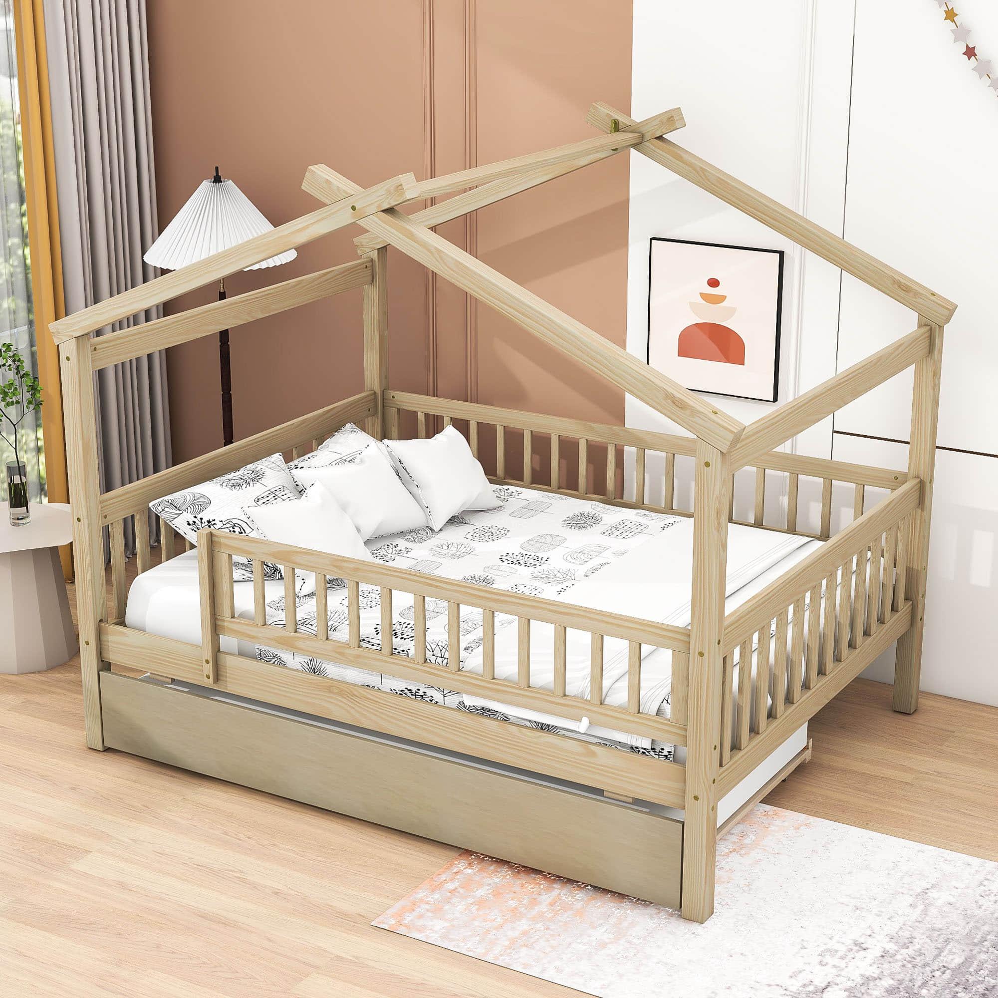 Wooden Full Size House Bed Frame with Twin Trundle for Kids, Toddler