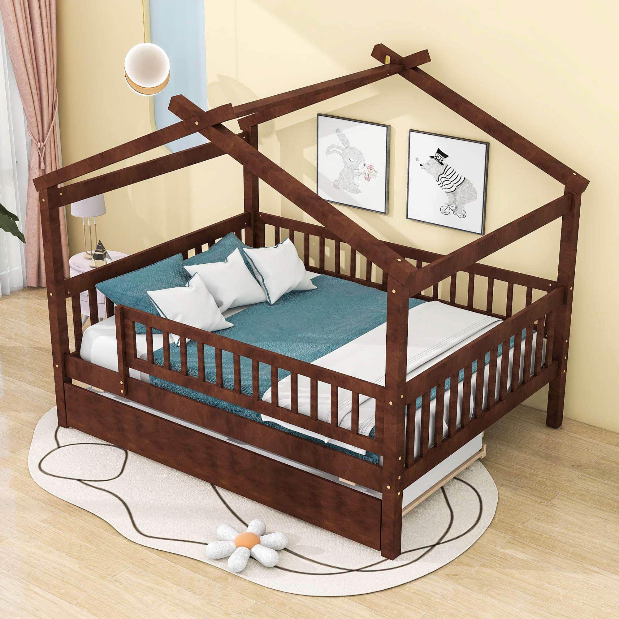 Wooden Full Size House Bed Frame with Twin Trundle for Kids, Toddler