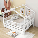 Wooden Full Size House Bed Frame with Twin Trundle for Kids, Toddler