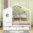 Kids Wooden Twin Size House Bed with Storage Drawers, Shelves