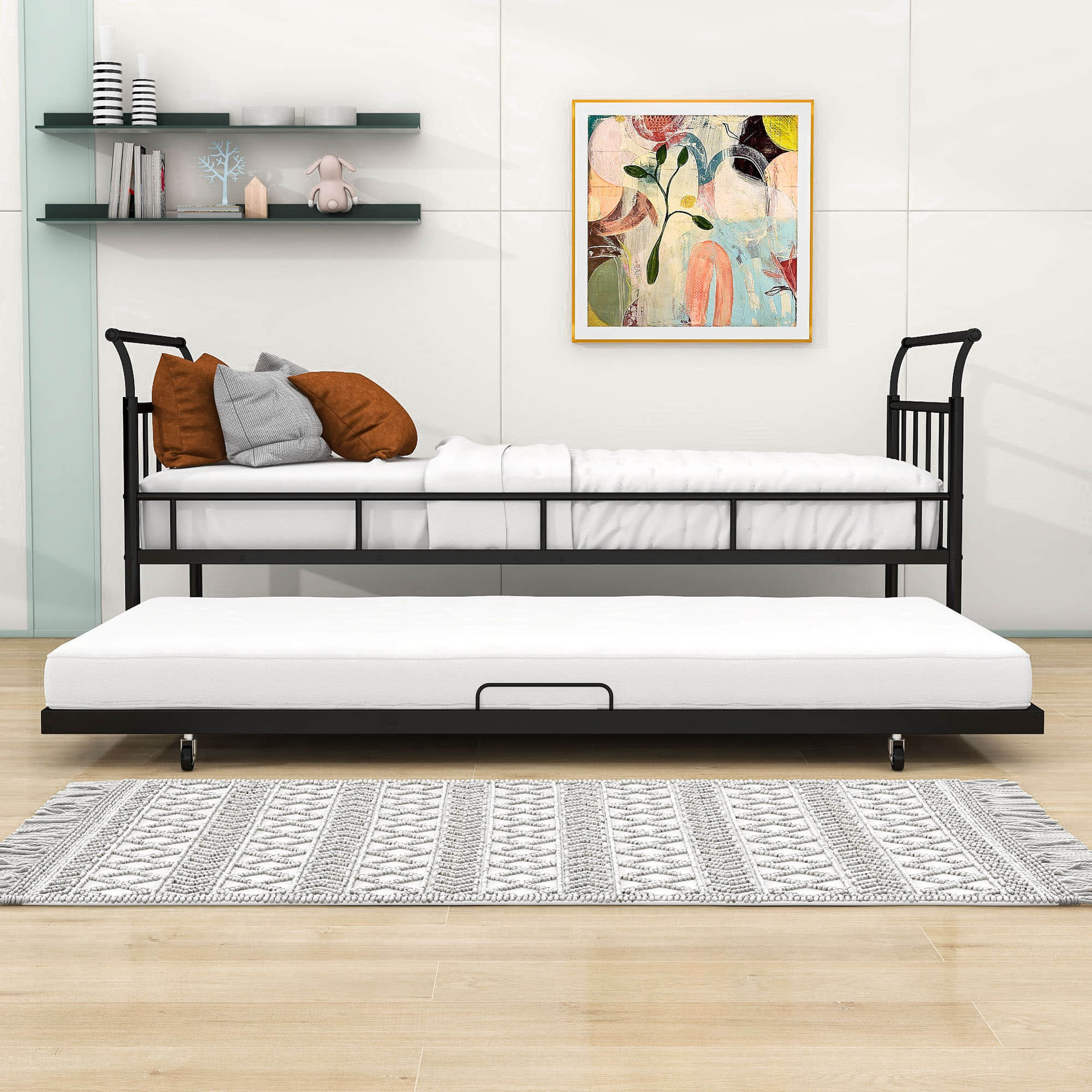 Metal Twin Daybed with Trundle and Curved Armrest - [Backless]