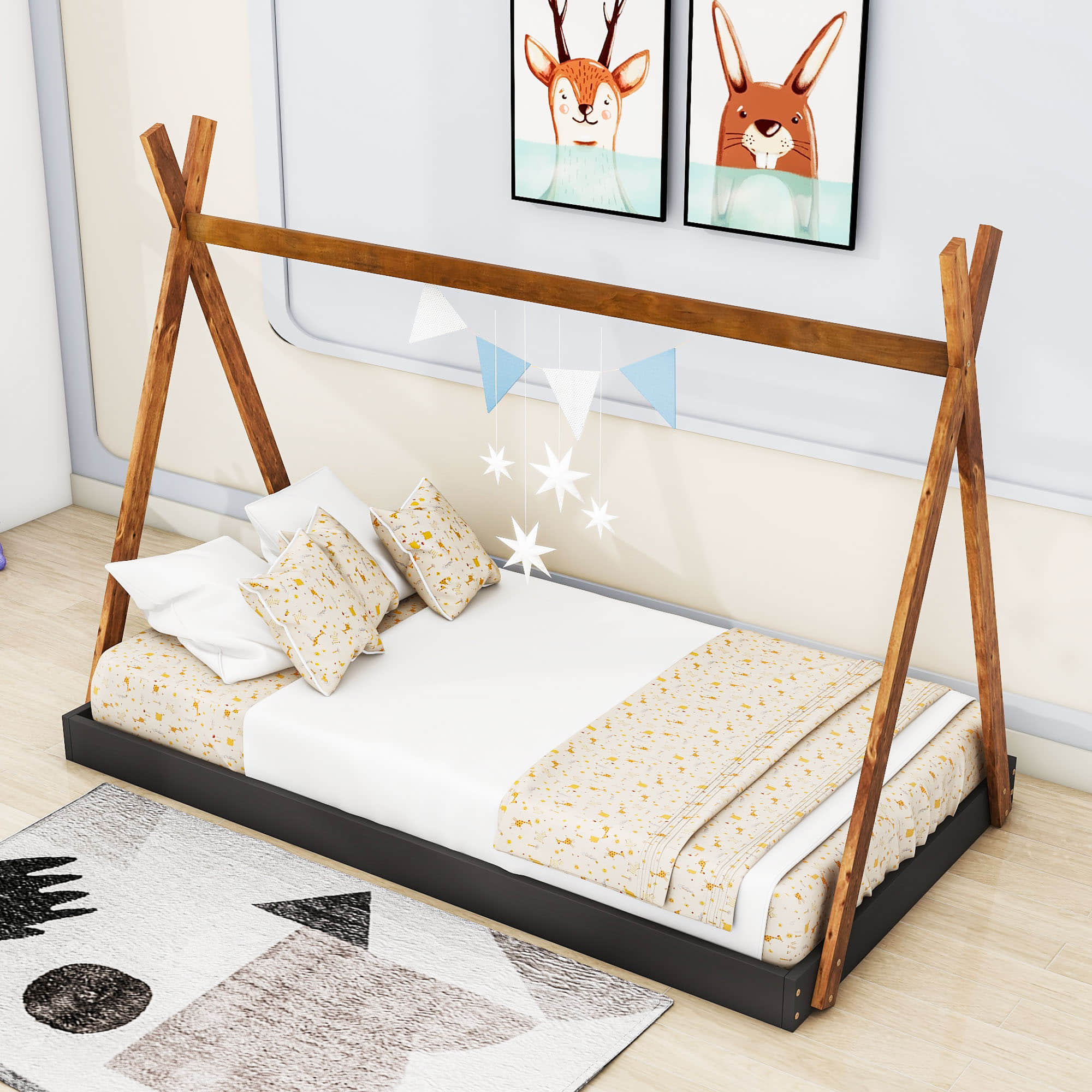 Kids Twin Tent Floor Bed for Toddler - [Montessori, Wooden, Teepee]