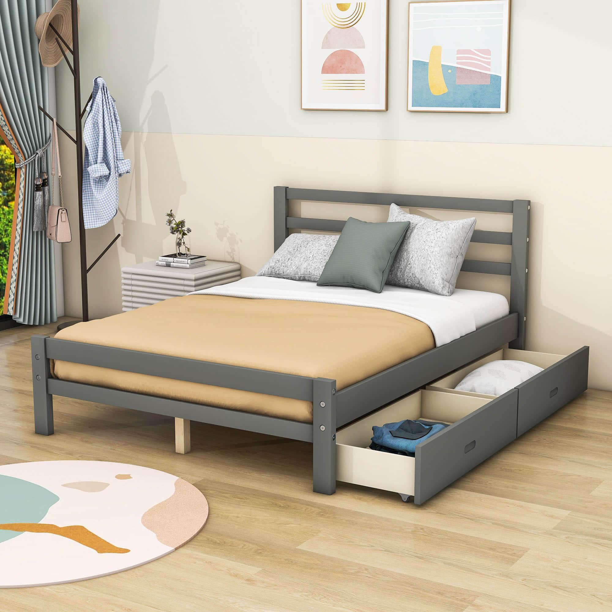 Full Size Wooden Platform Bed with Storage Drawers and Headboard