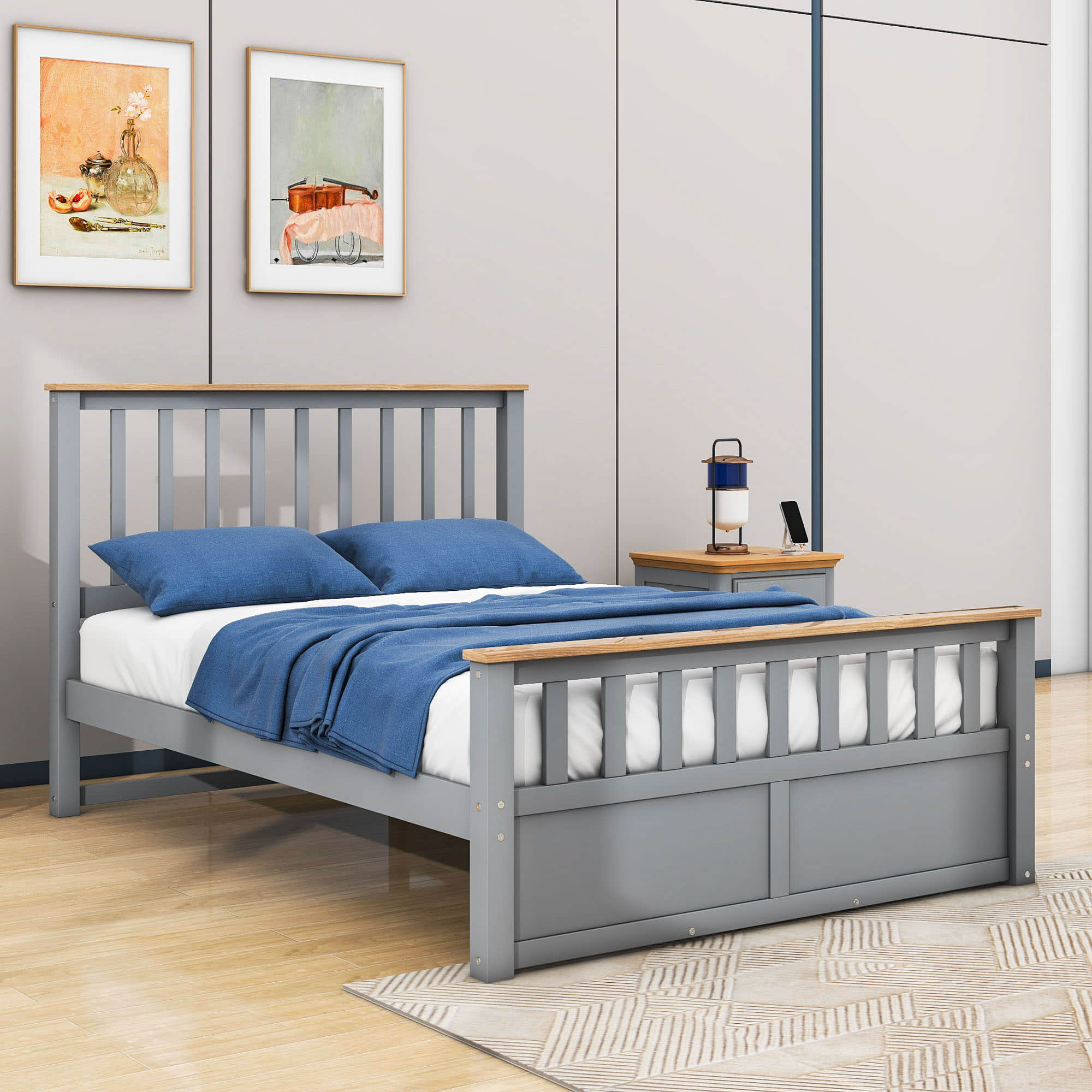 Wooden Full Size Platform Bed Frame with Storage and Slat Headboard