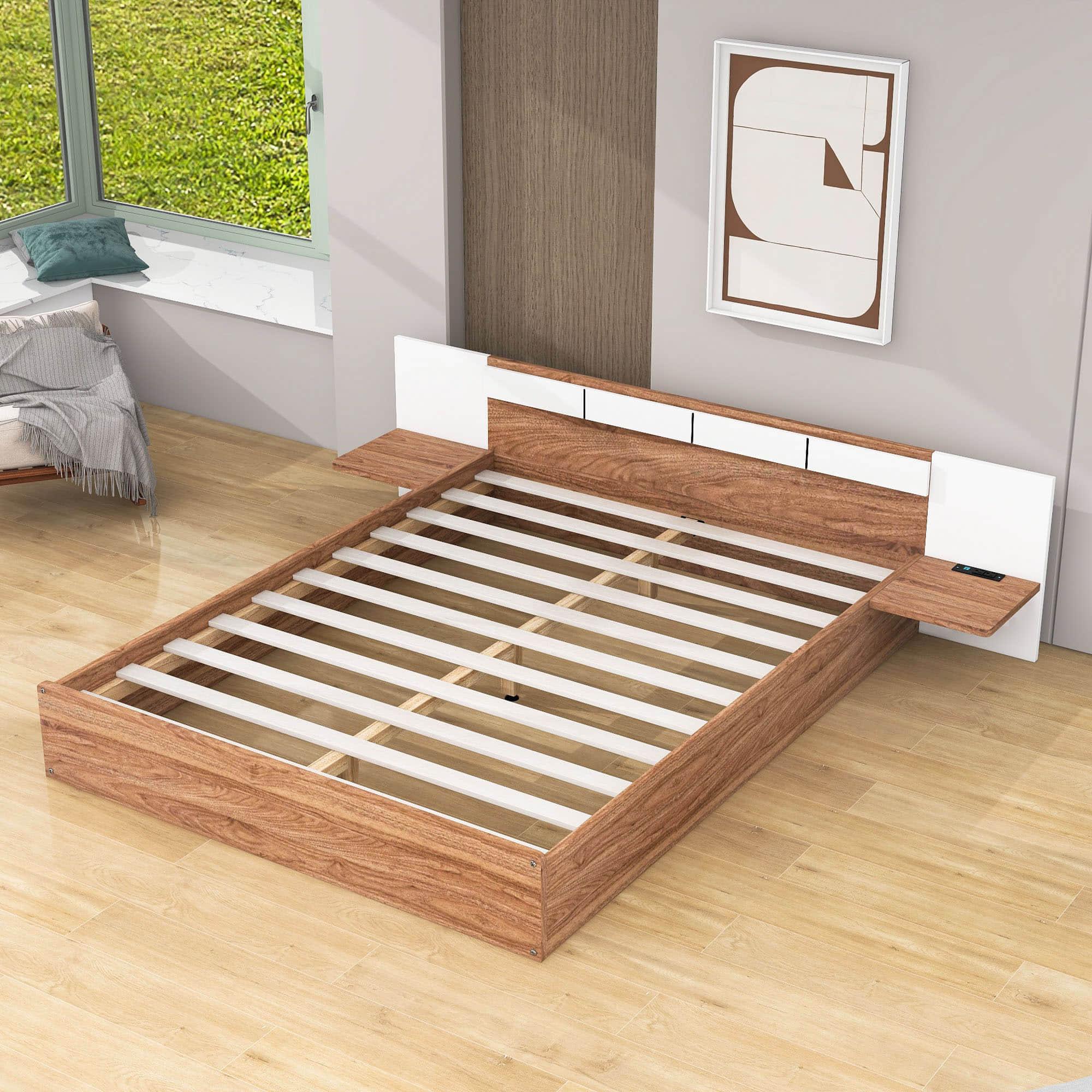 Wooden Smart Queen Size Platform Bed with Headboard and Storage - [USB Ports, Sockets]