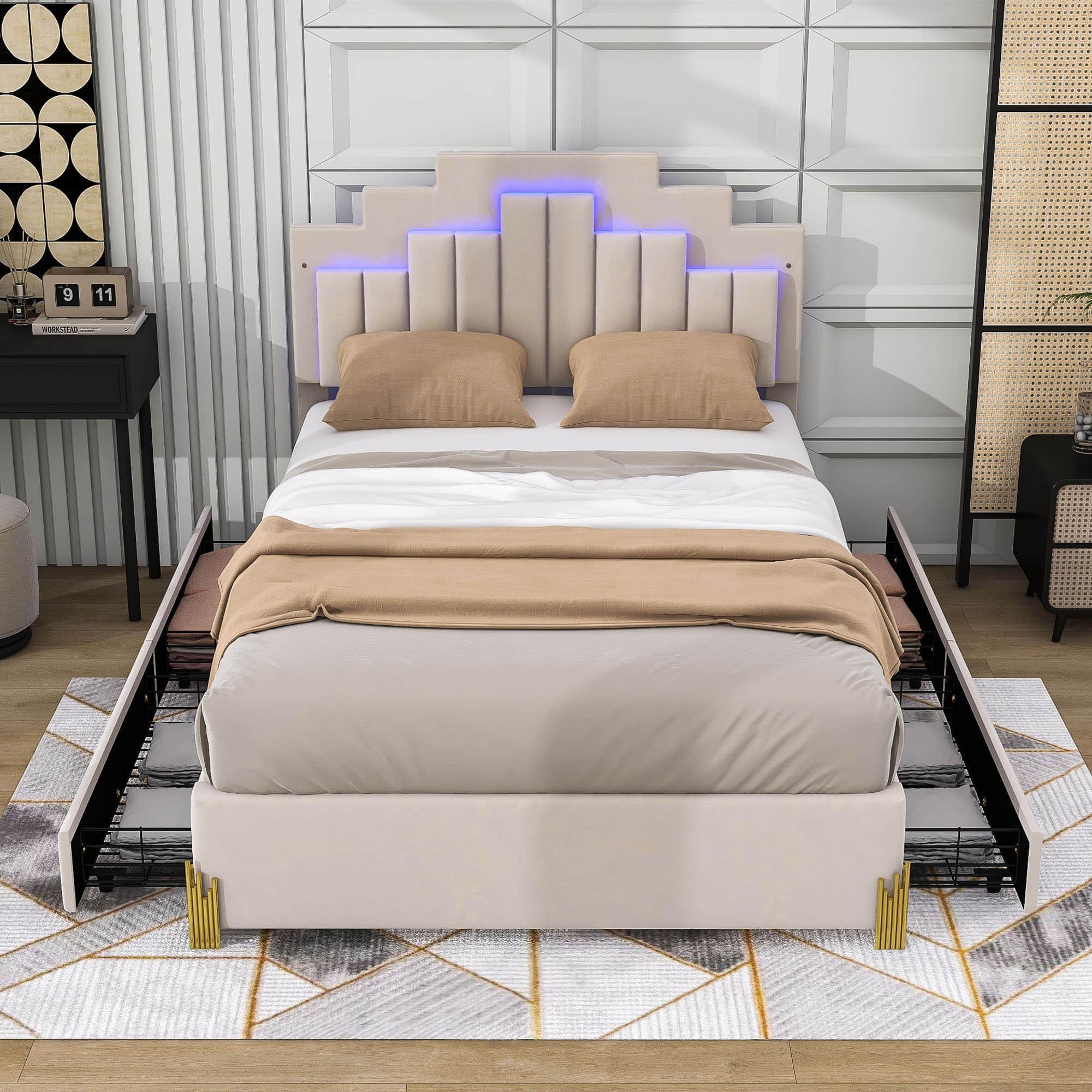 Upholstered Platform Full Size Bed Frame with Headboard and LED Lights