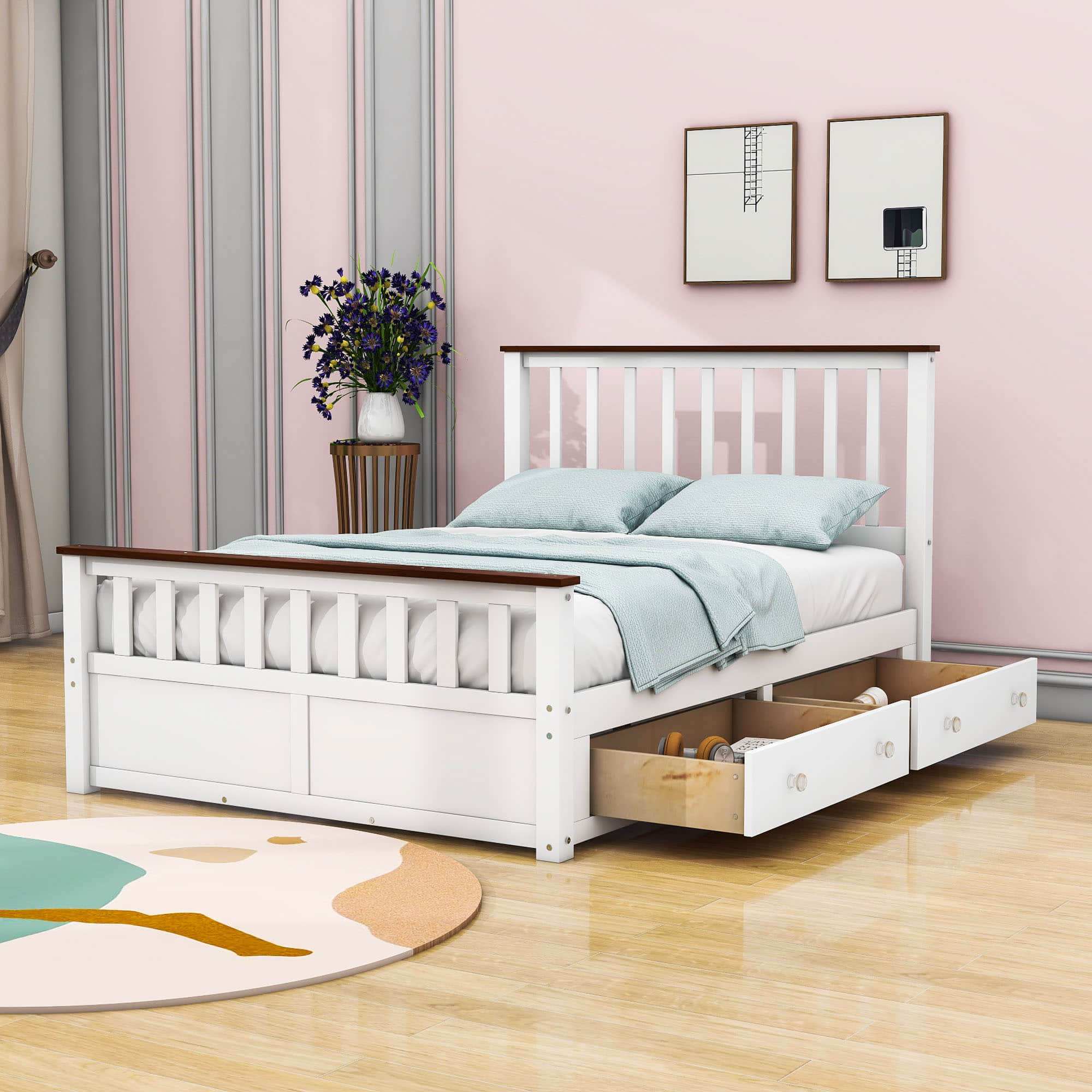 Wooden Full Size Platform Bed Frame with Storage and Slat Headboard