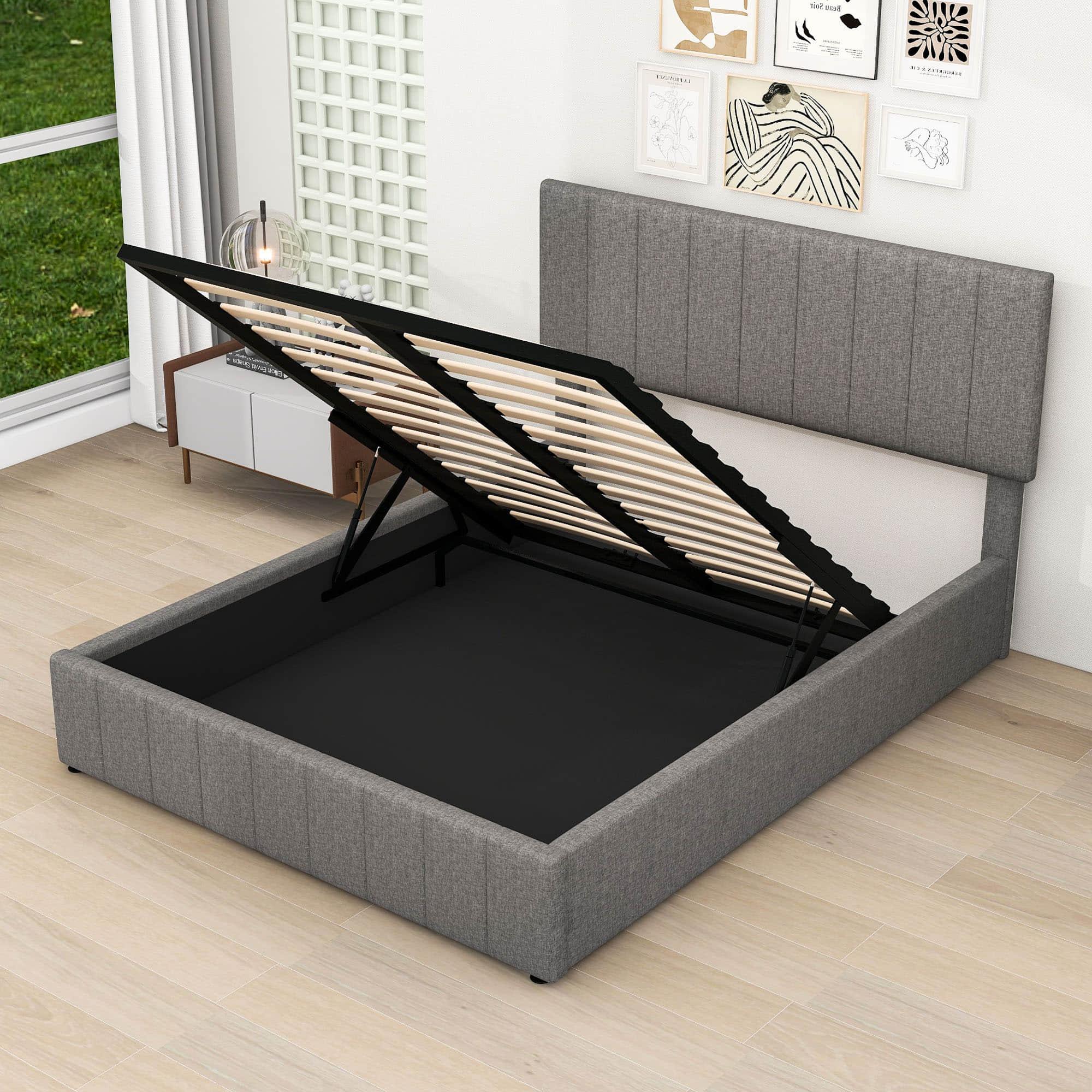 Modern Queen Upholstered Bed Frame with Storage - Hydraulic Lift System