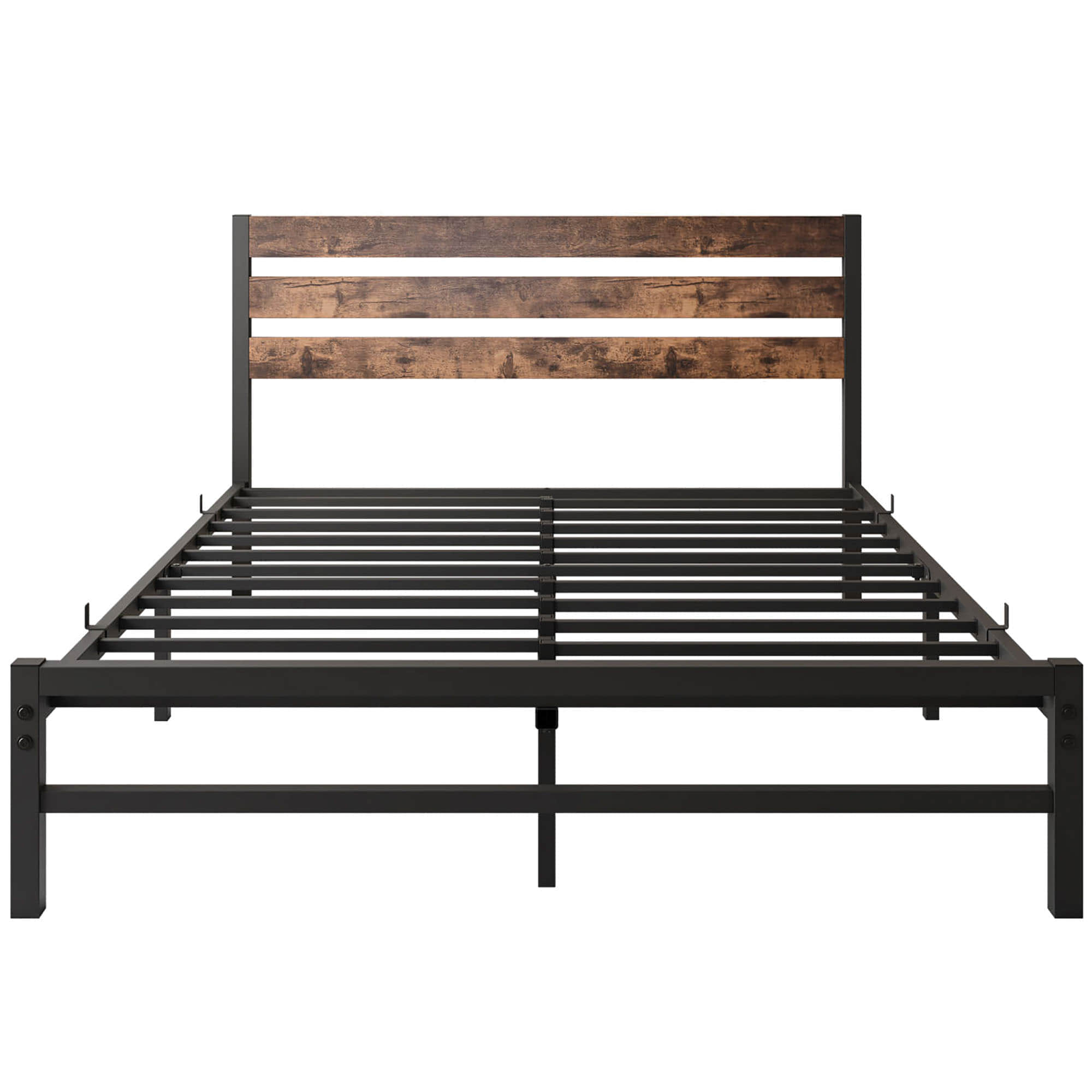 Rustic Queen Size Metal Bed Frame with Vintage Wood Headboard