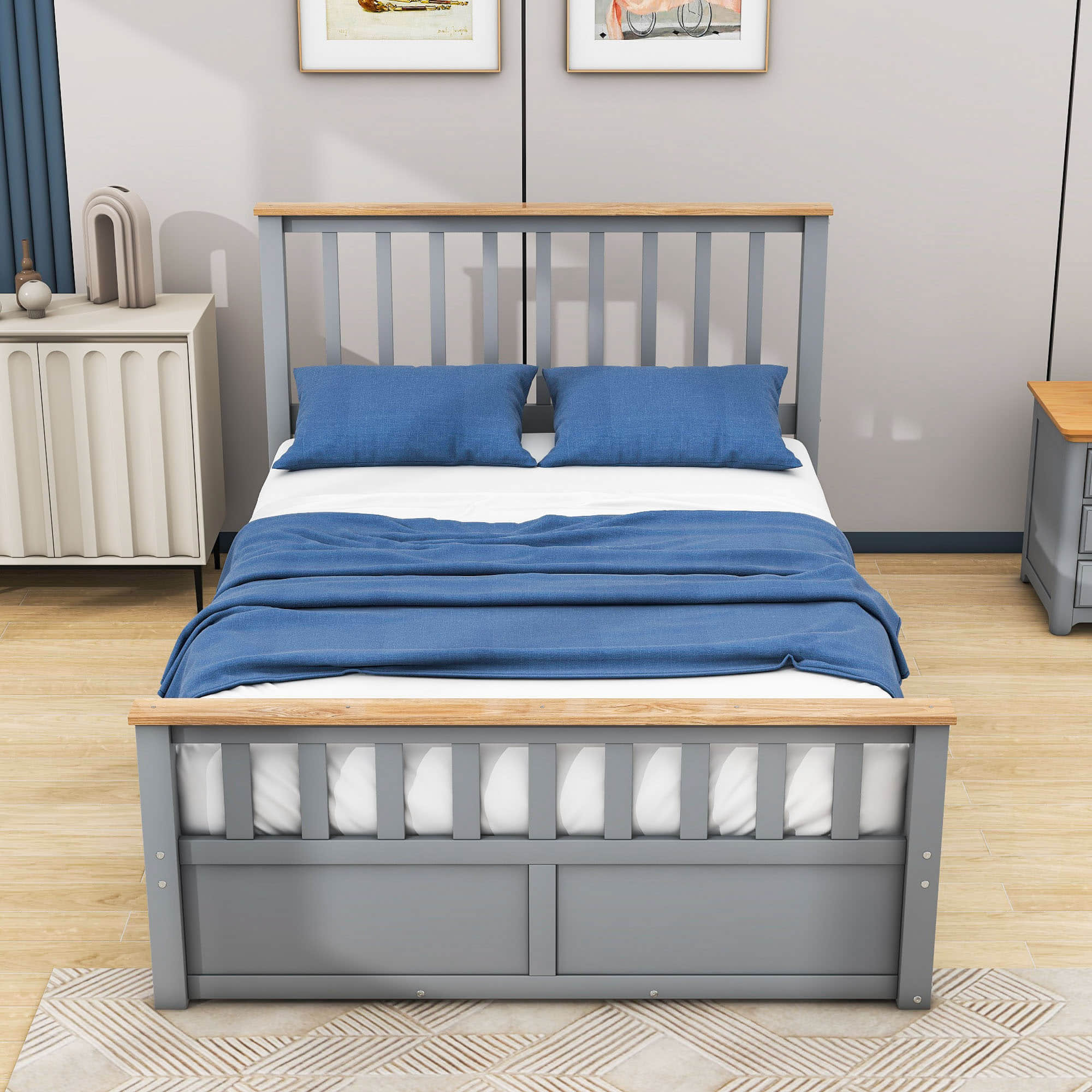 Wooden Full Size Platform Bed Frame with Storage and Slat Headboard