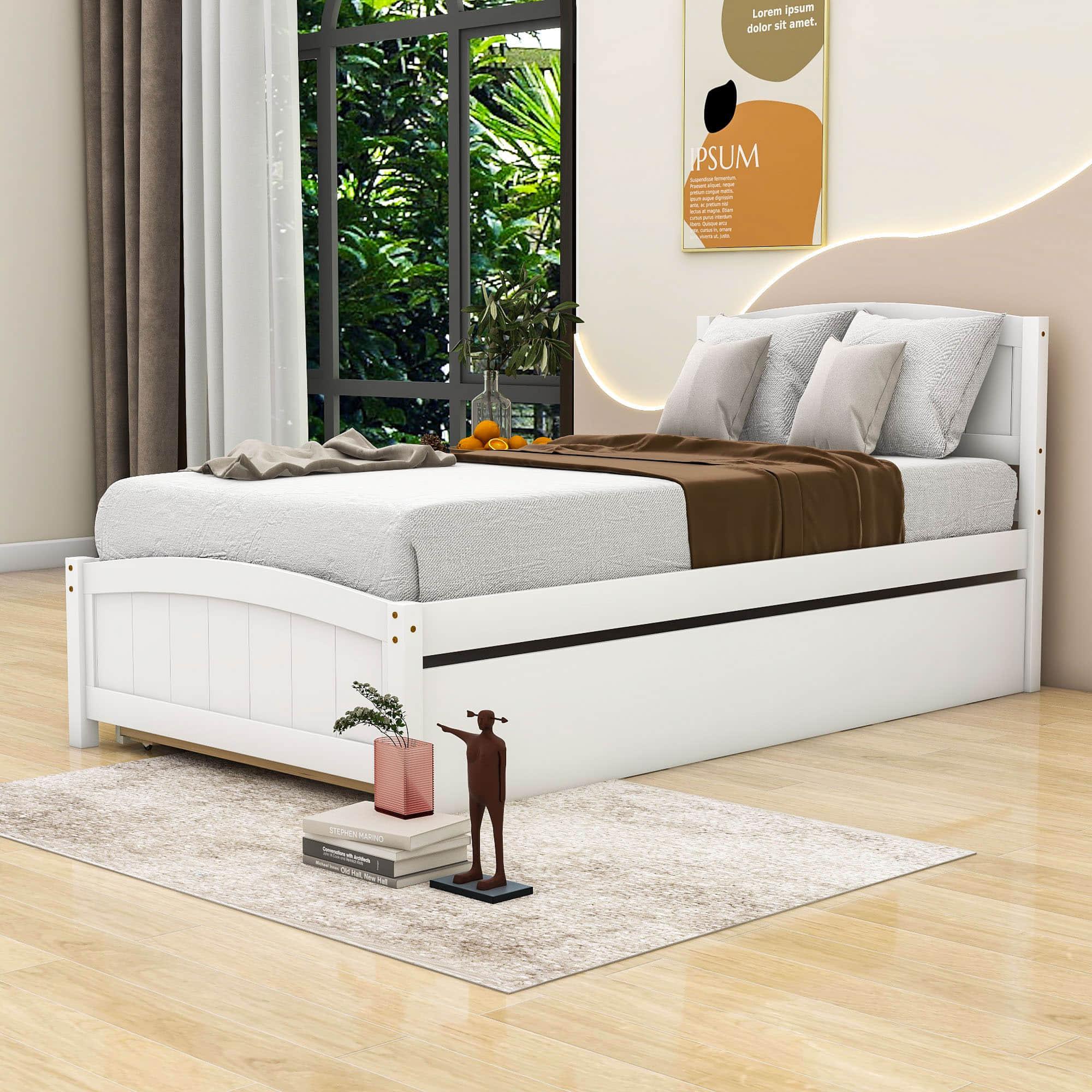 Twin Platform Bed Frame with Twin Trundle and Headboard