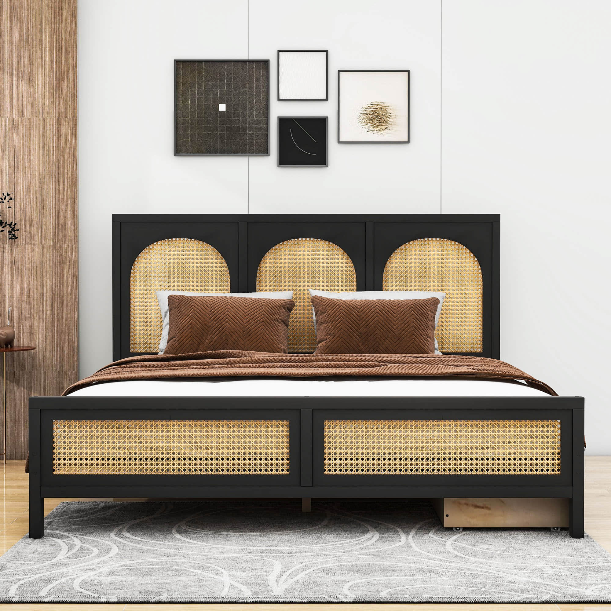 Queen Size Wood Platform Bed with Storage and Rattan Headboard