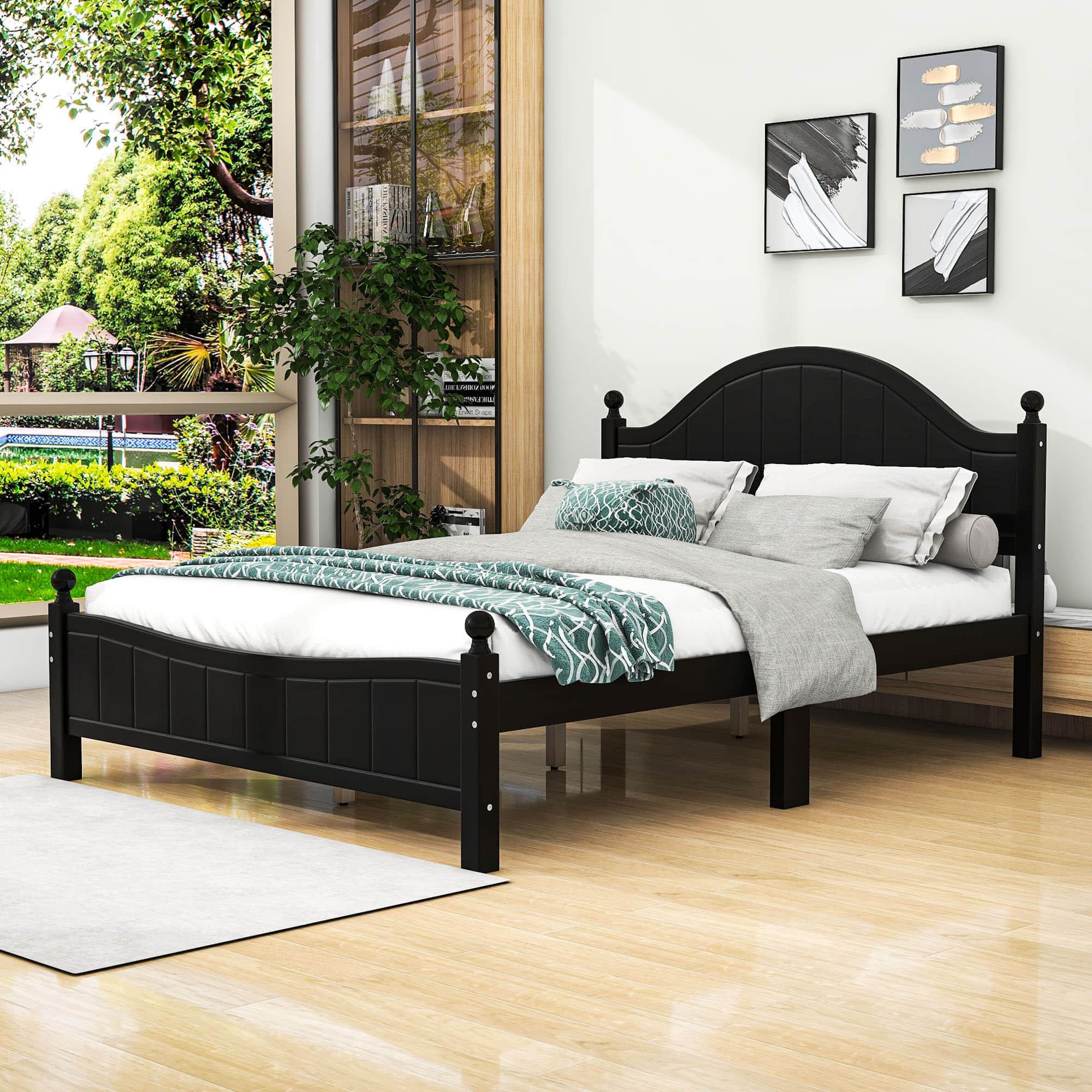 Traditional Queen Size Solid Wood Platform Bed Frame with Headboard