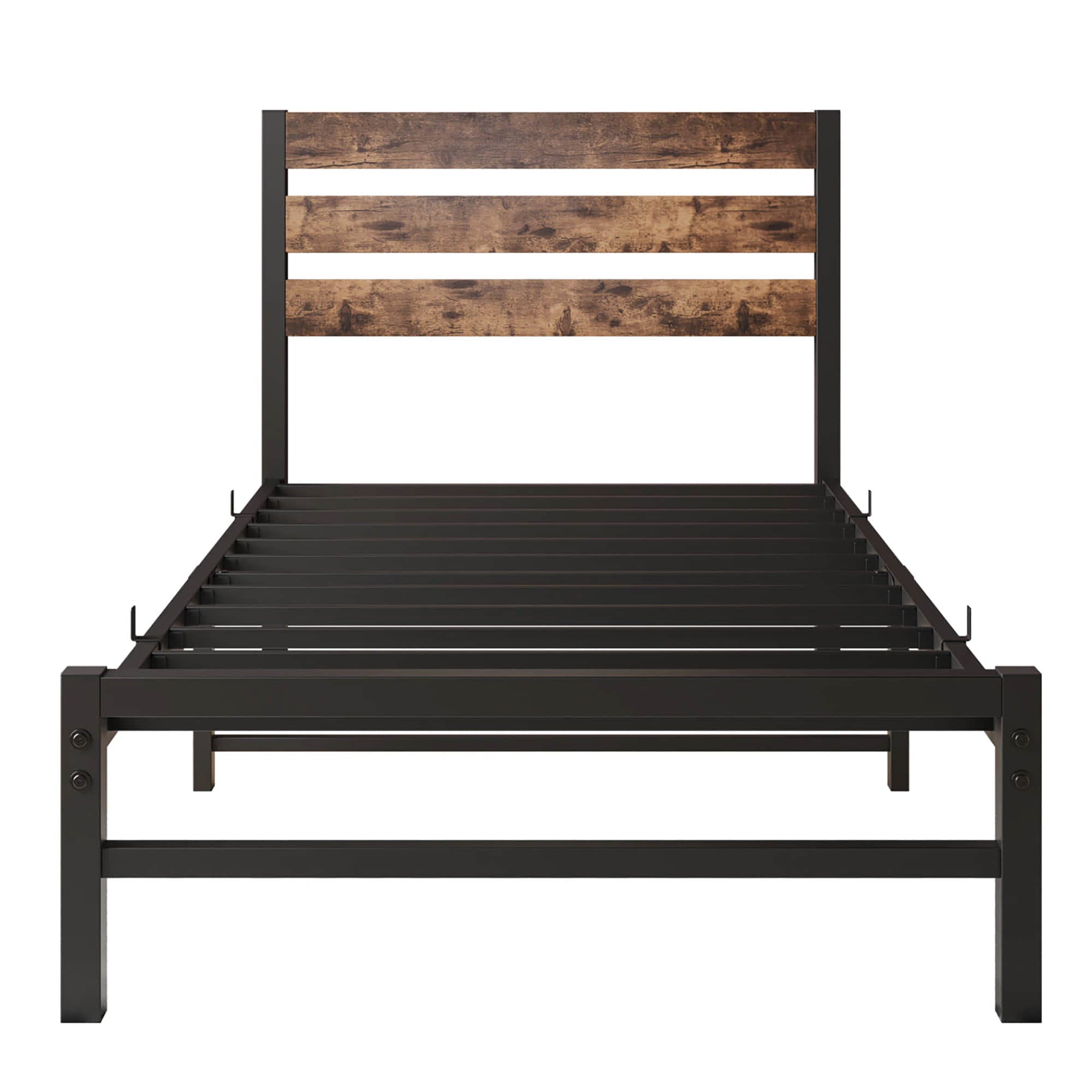 Rustic Twin Size Metal Bed Frame with Vintage Wood Headboard