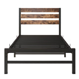 Rustic Twin Size Metal Bed Frame with Vintage Wood Headboard