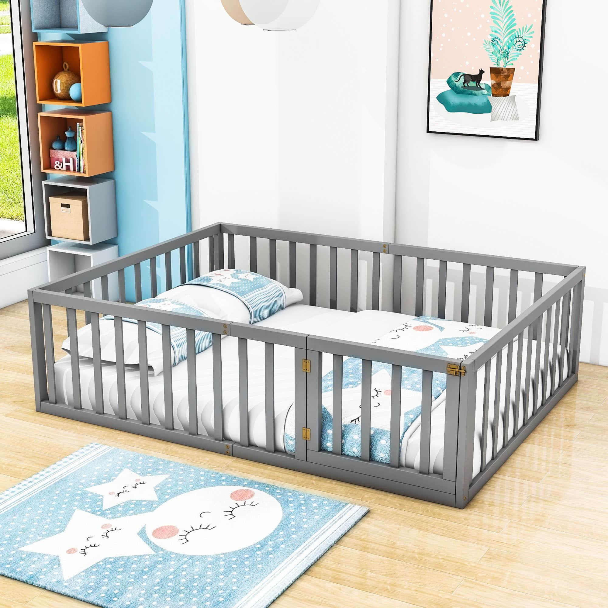 Wooden Queen Size Floor Toddler Bed with Rails and Door