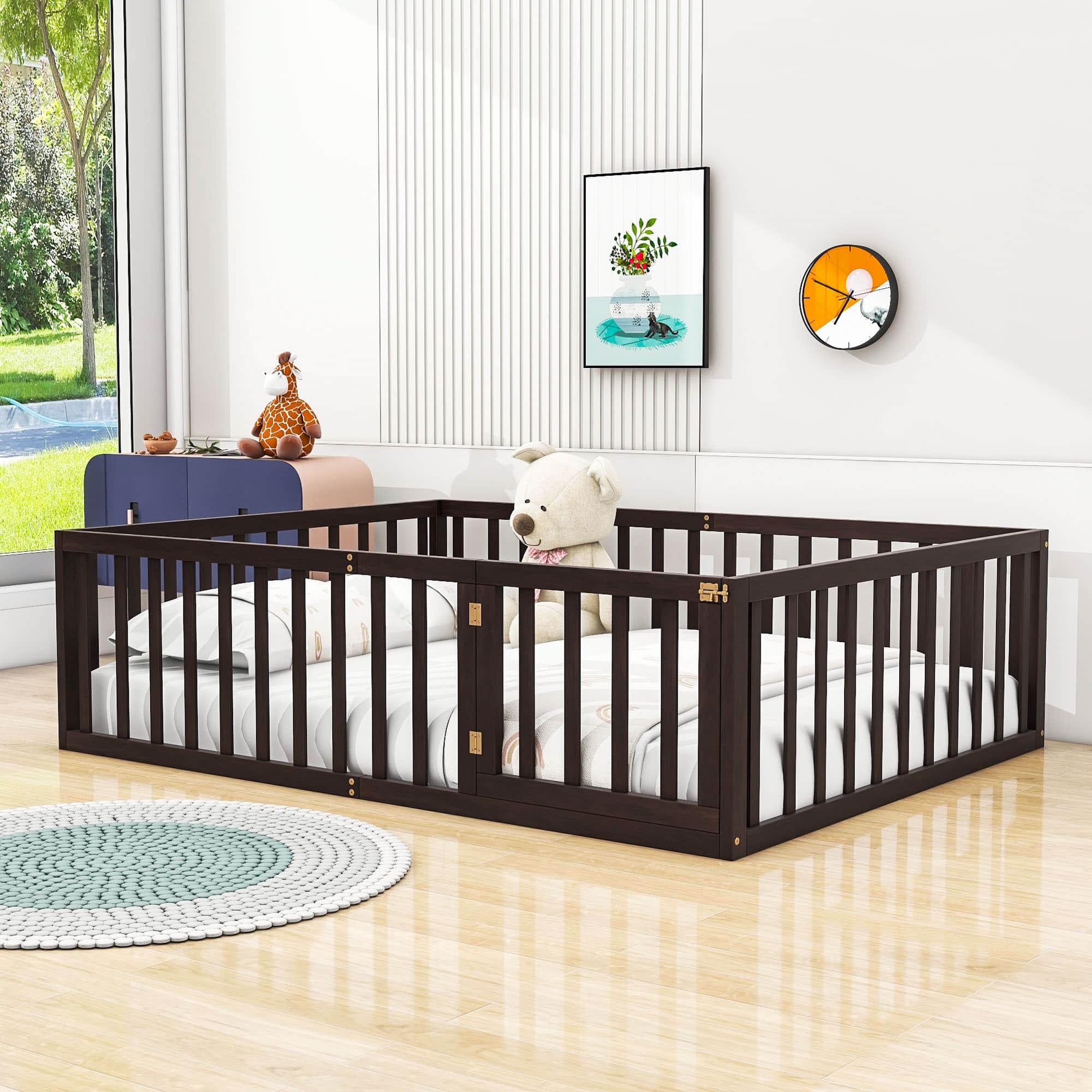 Wooden Queen Size Floor Toddler Bed with Rails and Door