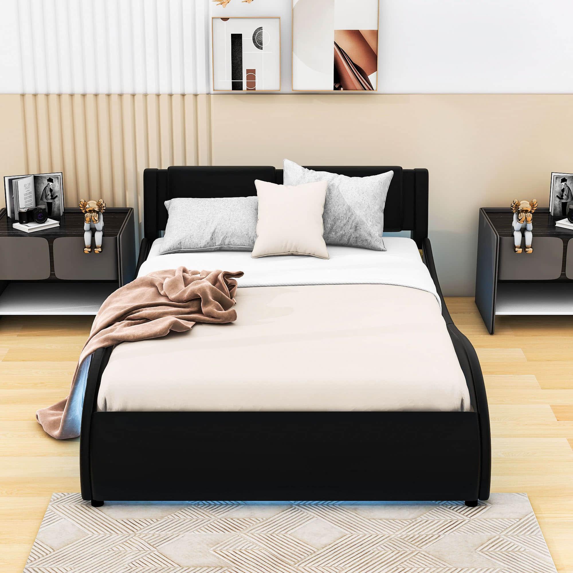 Modern Full Upholstered Platform Bed Frame with Headboard and Lights