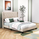 Queen Size Linen Upholstered Bed Frame with Tufted Headboard