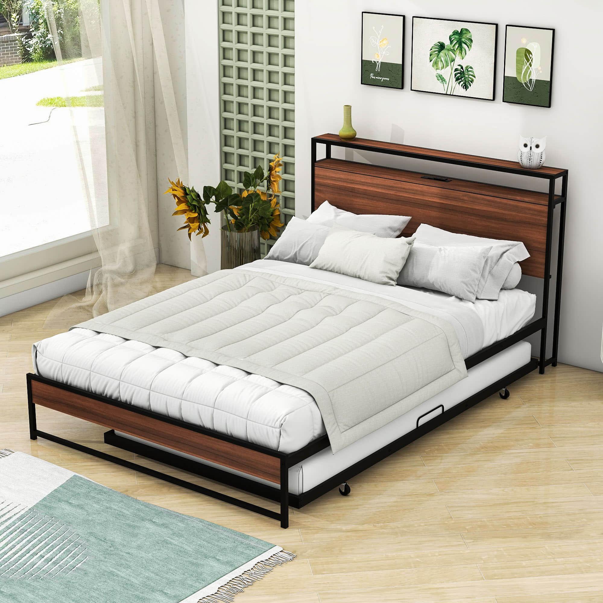 Full Size Smart Platform Bed with Twin Trundle Bed and Shelf Headboard