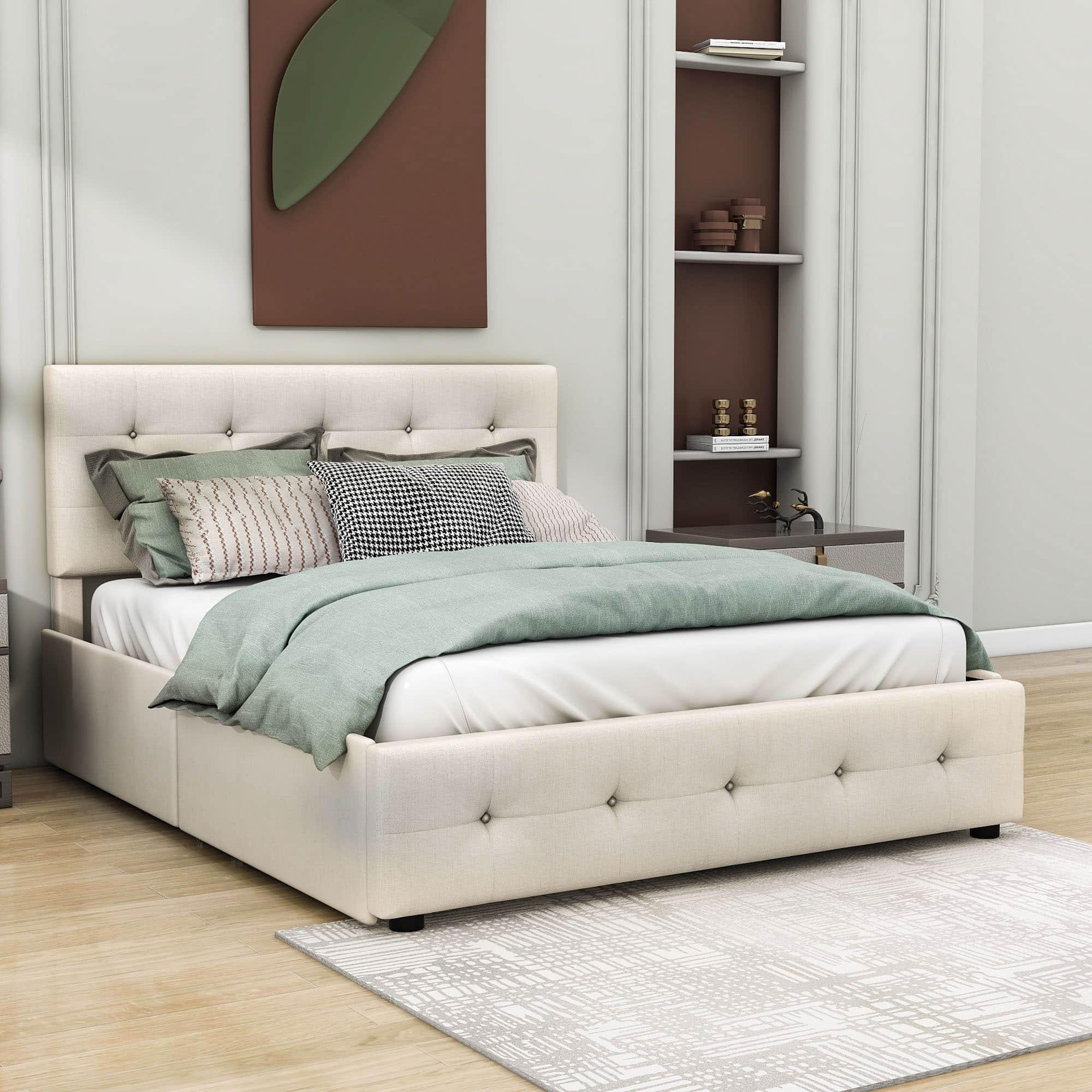 Upholstered Queen Size Platform Bed with Storage and Twin XL Trundle - [Headboard]