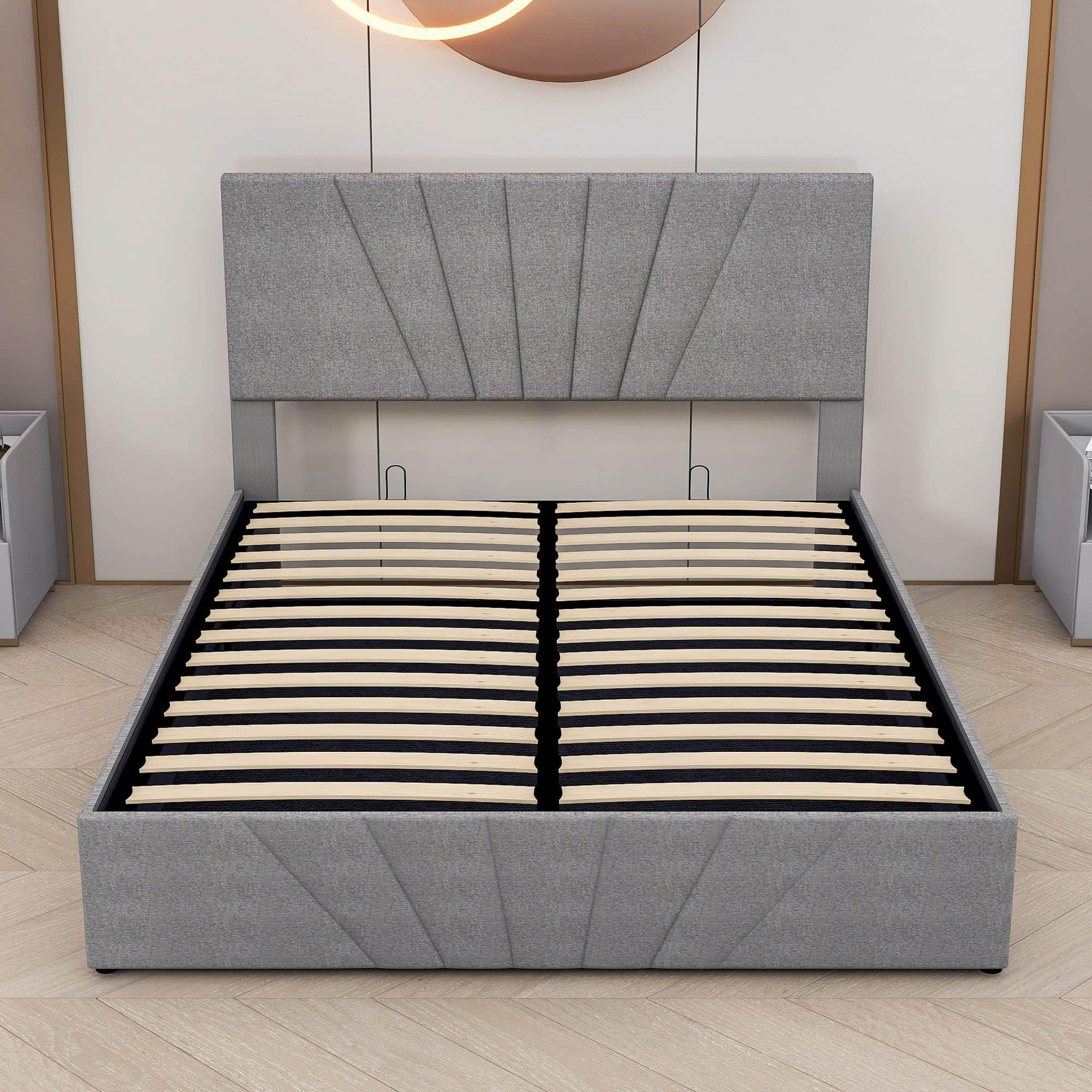 Upholstered Queen Size Platform Bed with Headboard and Hydraulic Storage System