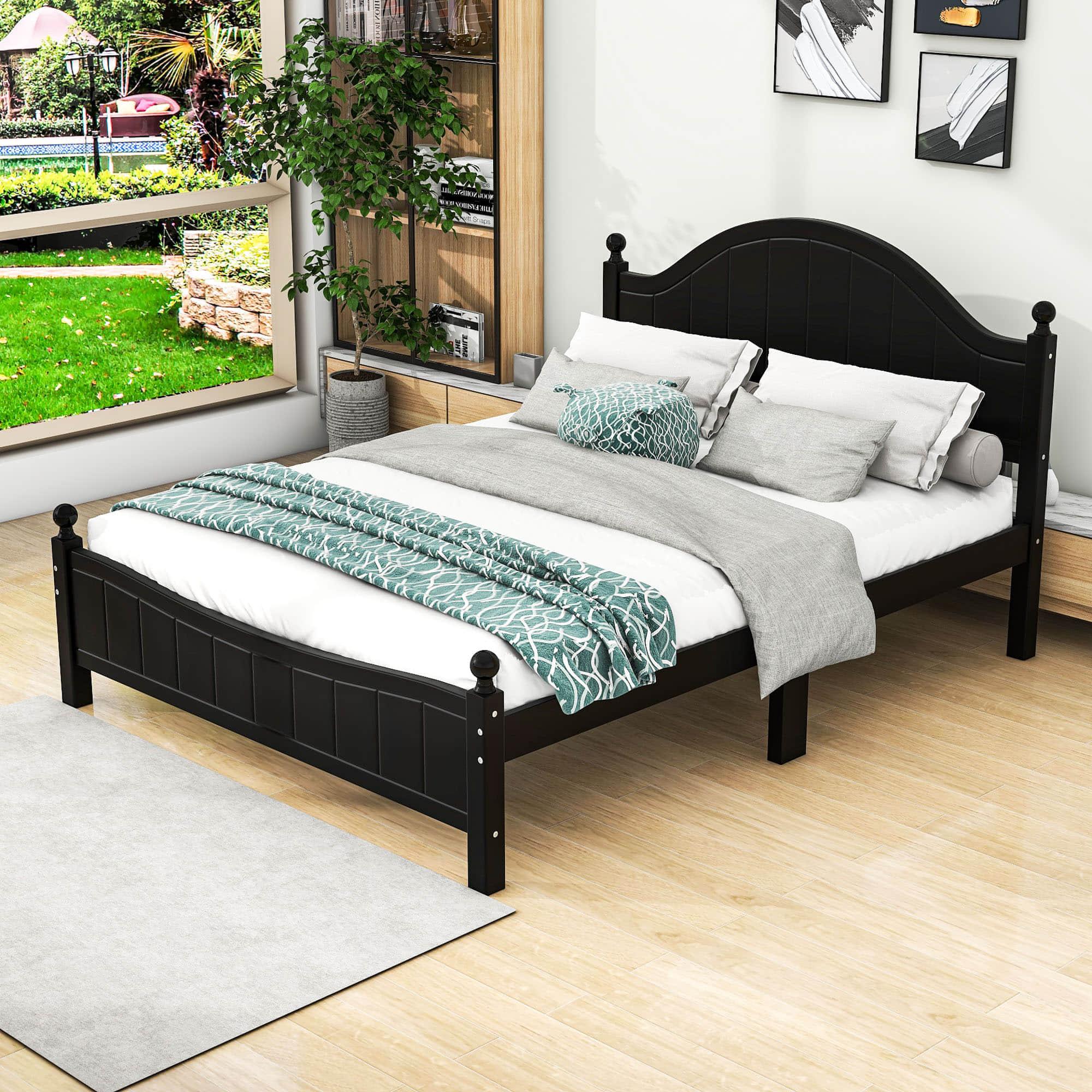 Traditional Queen Size Solid Wood Platform Bed Frame with Headboard