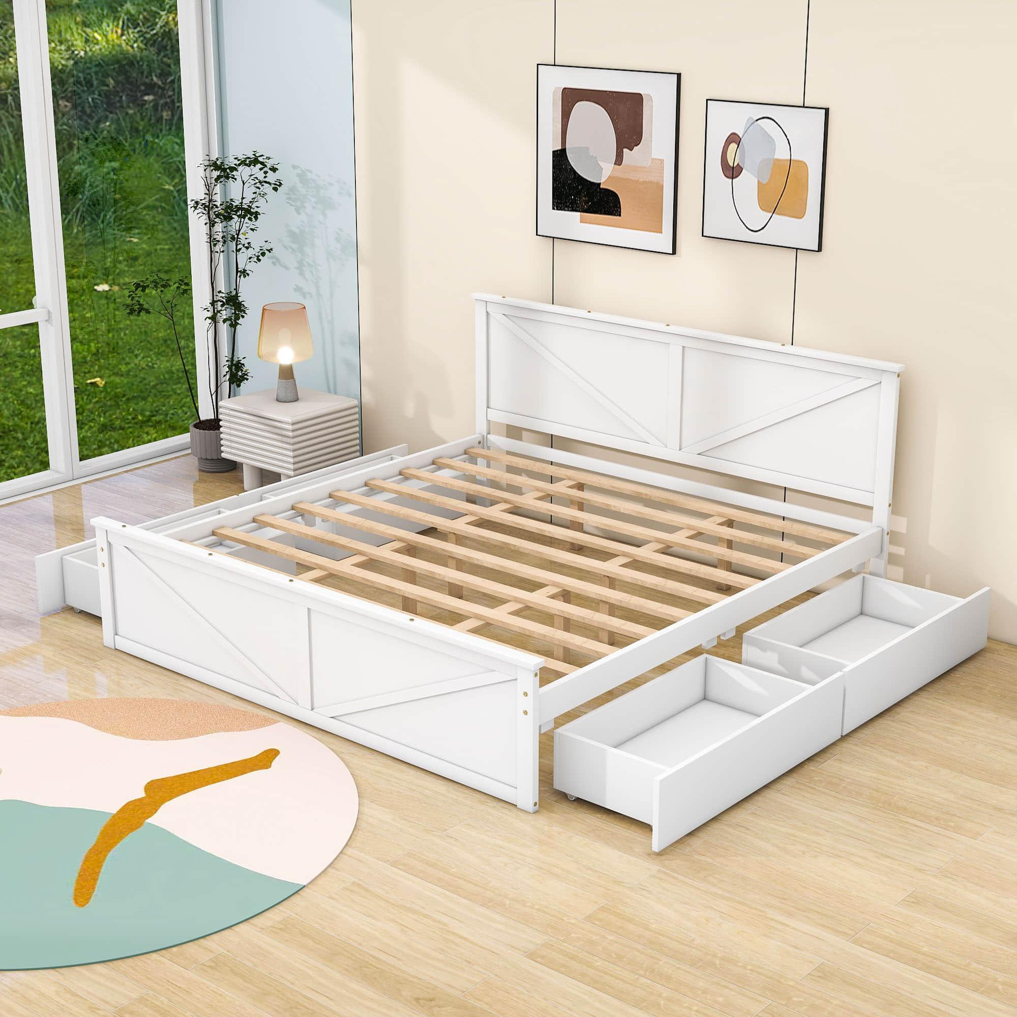 Wooden King Size Platform Bed with Storage and Headboard - [Drawers]