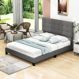 Queen Size Linen Upholstered Platform Bed with Tufted Headboard