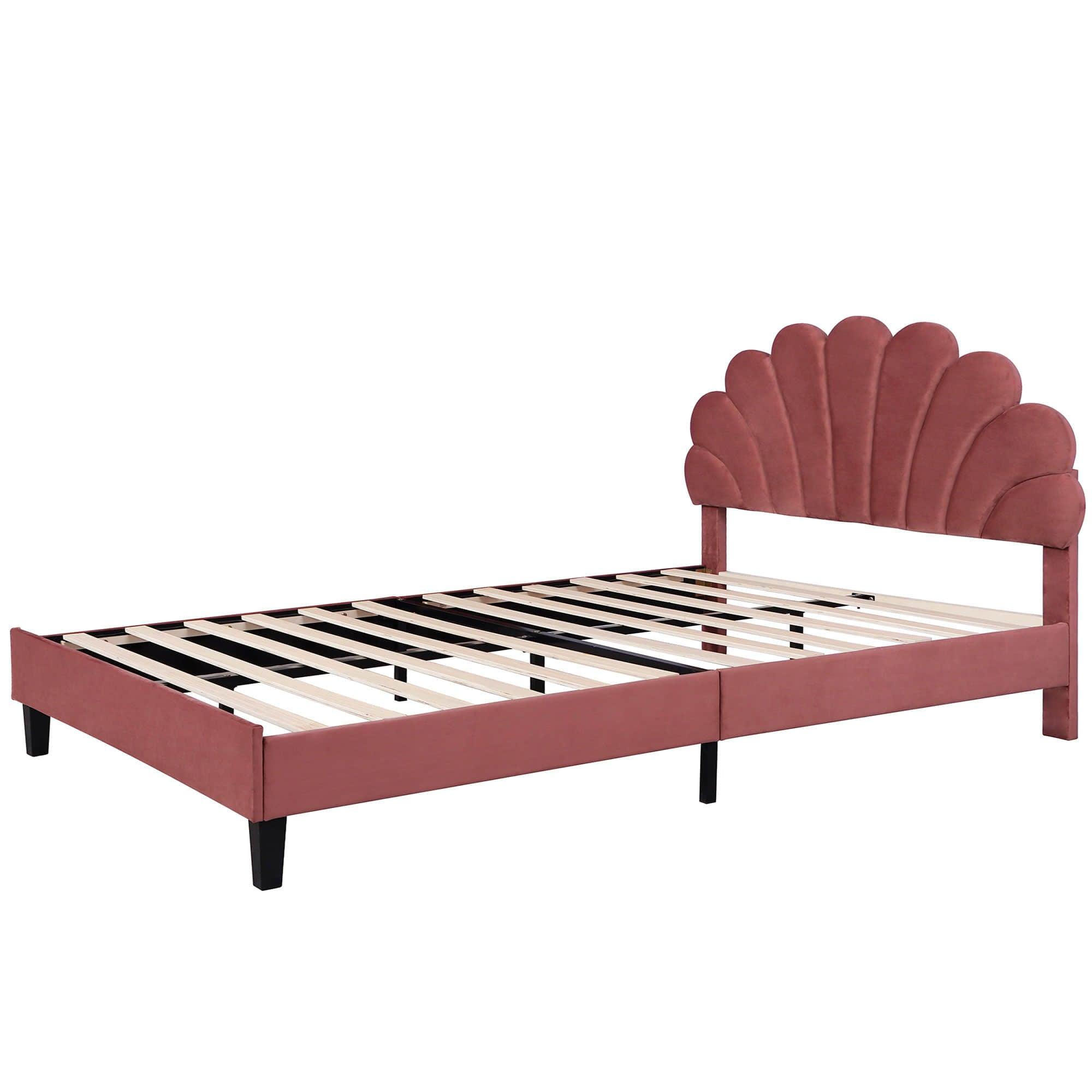 Modern Queen Size Velvet Upholstered Platform Bed Frame with Headboard