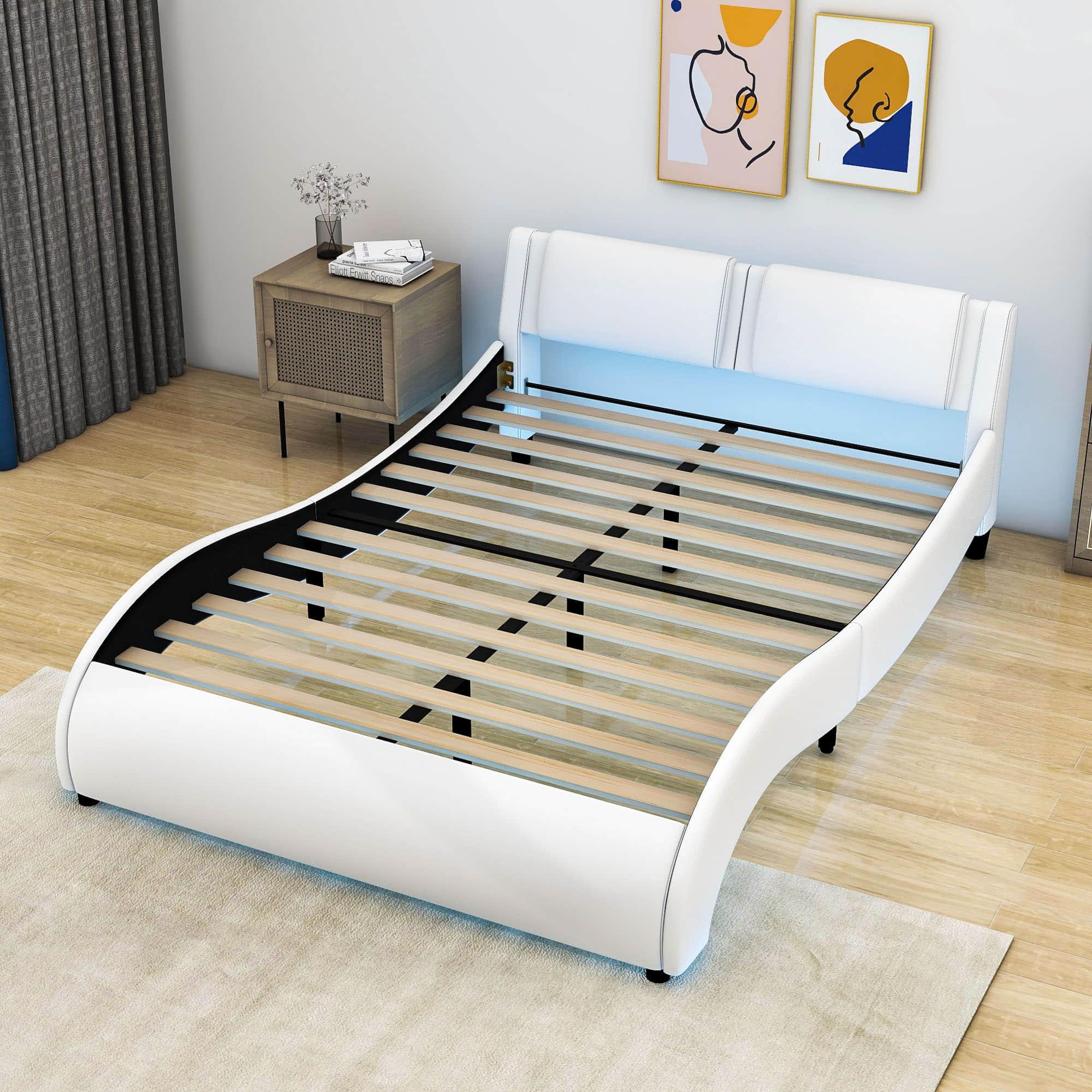 Modern Queen Upholstered Platform Bed Frame with Headboard and Lights