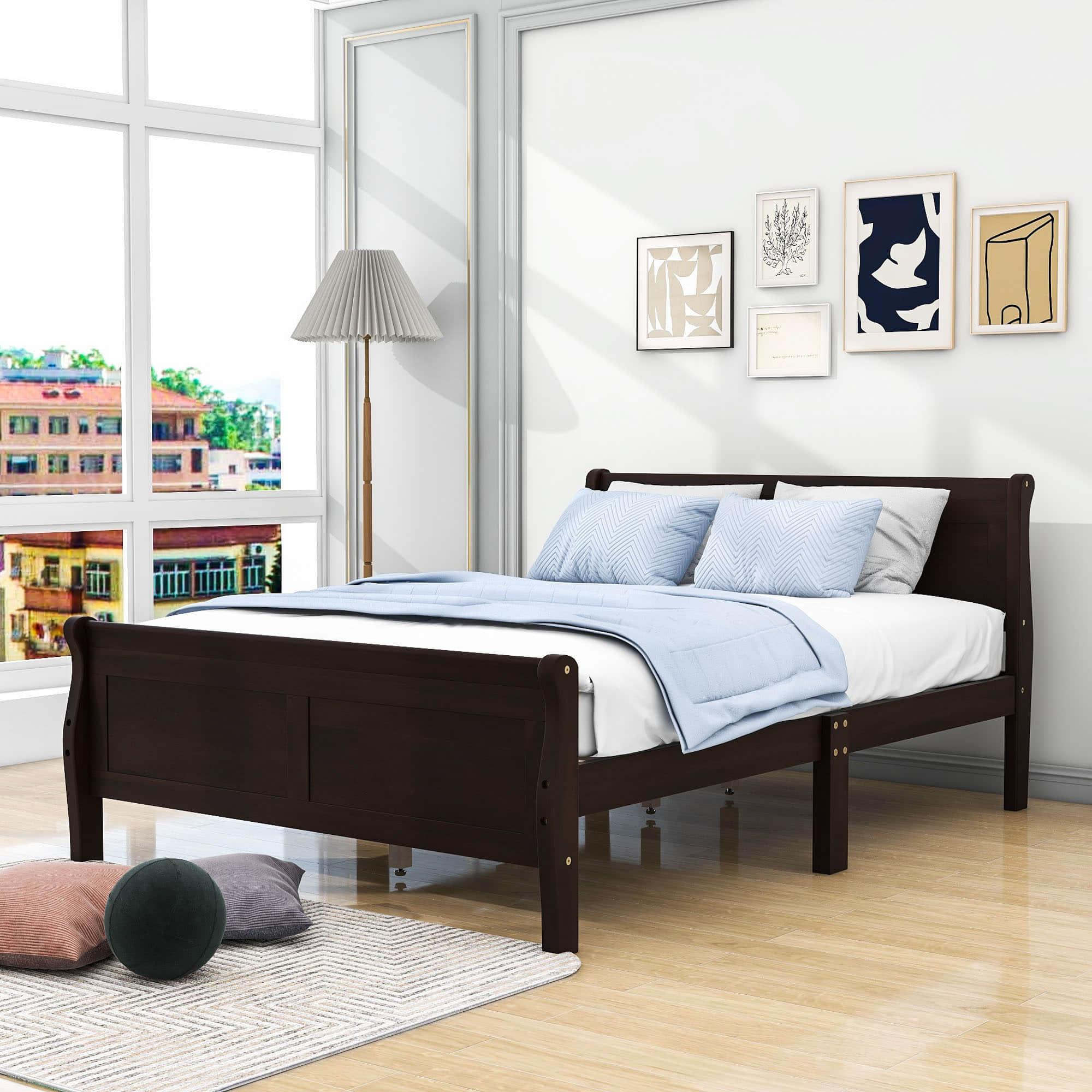 Wooden Full Size Platform Bed with Headboard - [Sleigh]