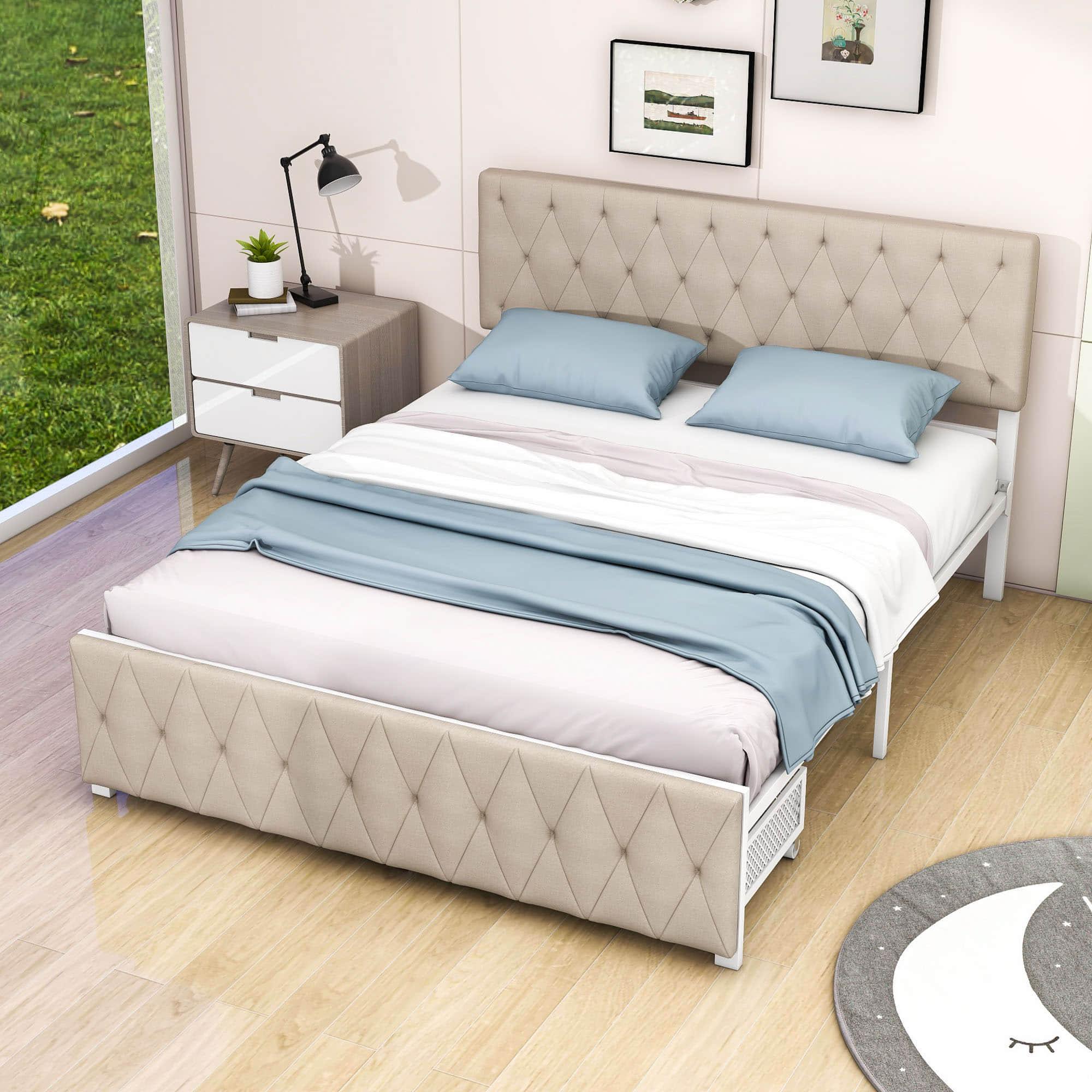 Metal Queen Size Upholstered Storage Bed with Headboard and Drawers