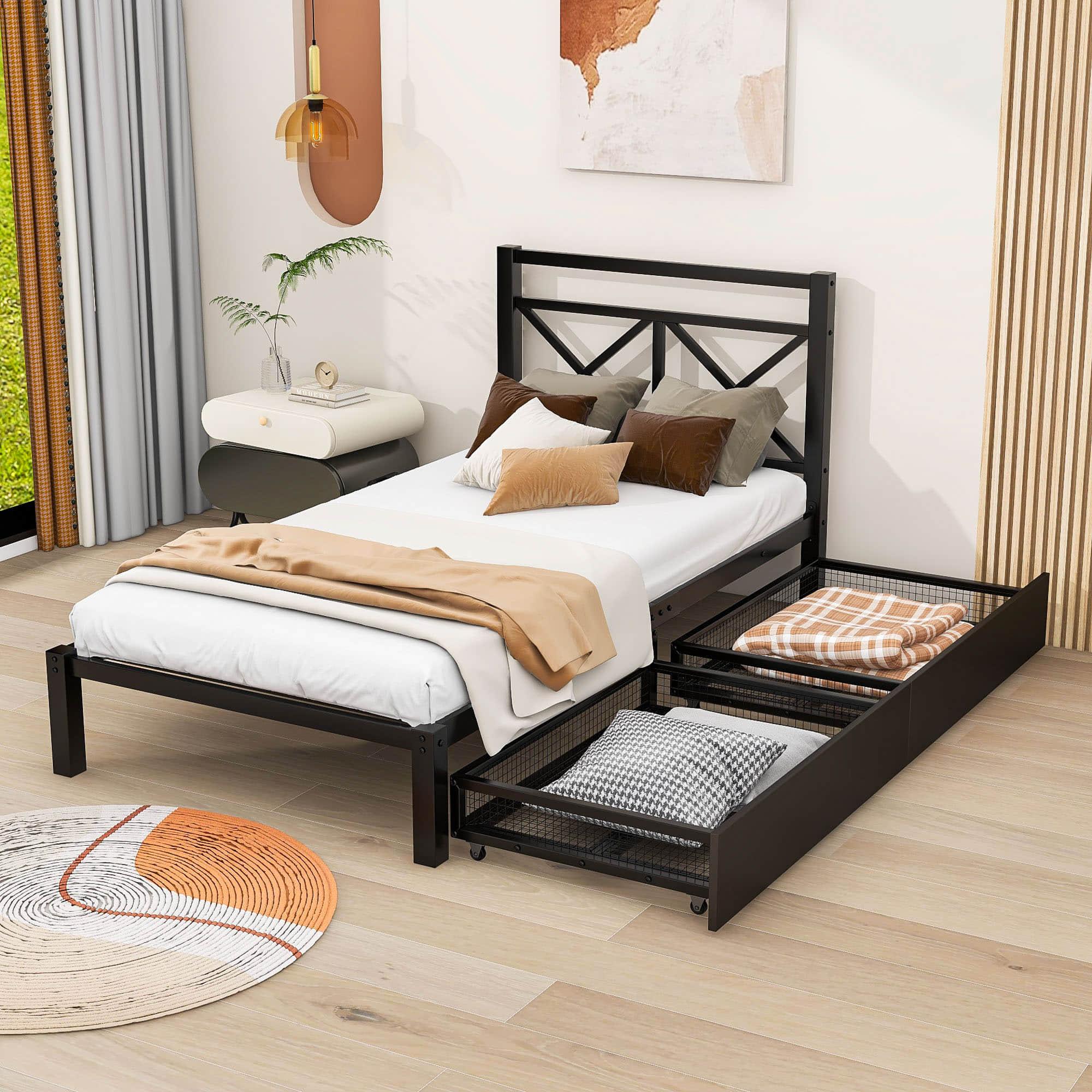 Metal Black Twin Platform Bed with Headboard and Storage