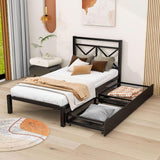 Metal Black Twin Platform Bed with Headboard and Storage