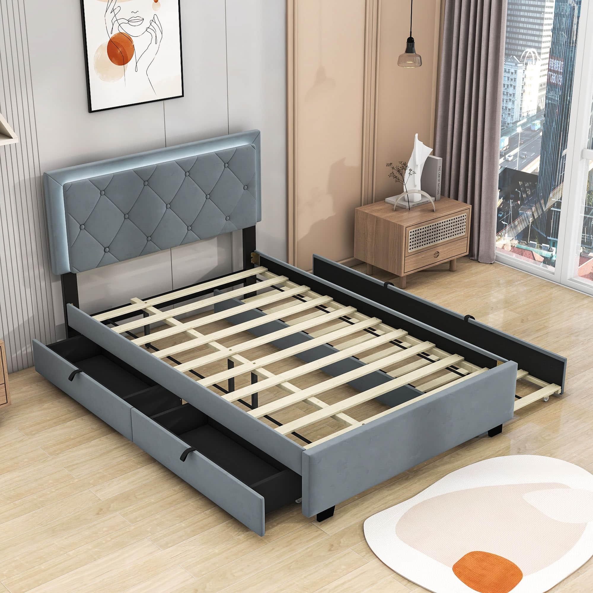 Full Velvet Upholstered Platform Bed Frame with Twin Trundle and Storage