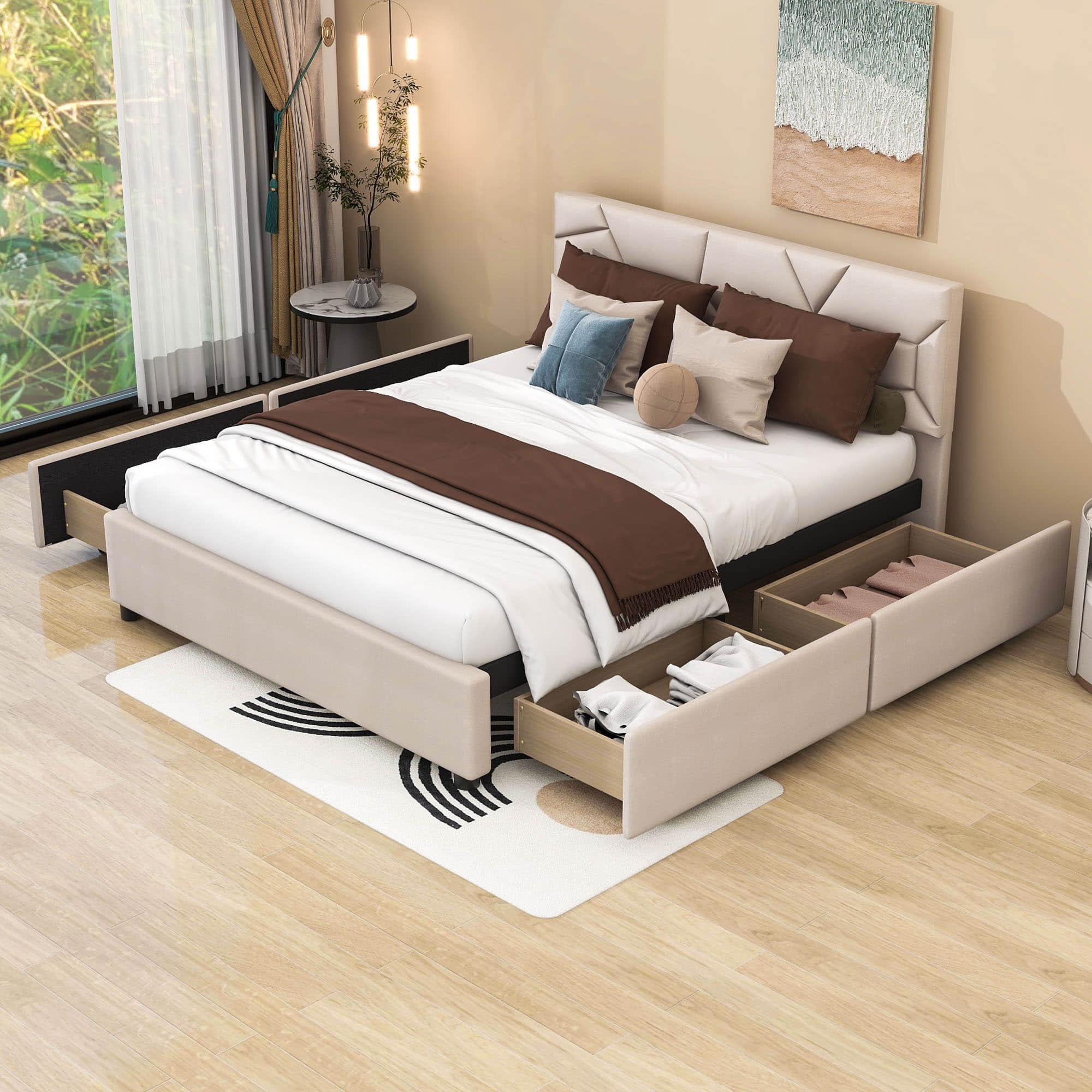 Queen Upholstered Platform Bed Frame with Headboard, Under Bed Storage