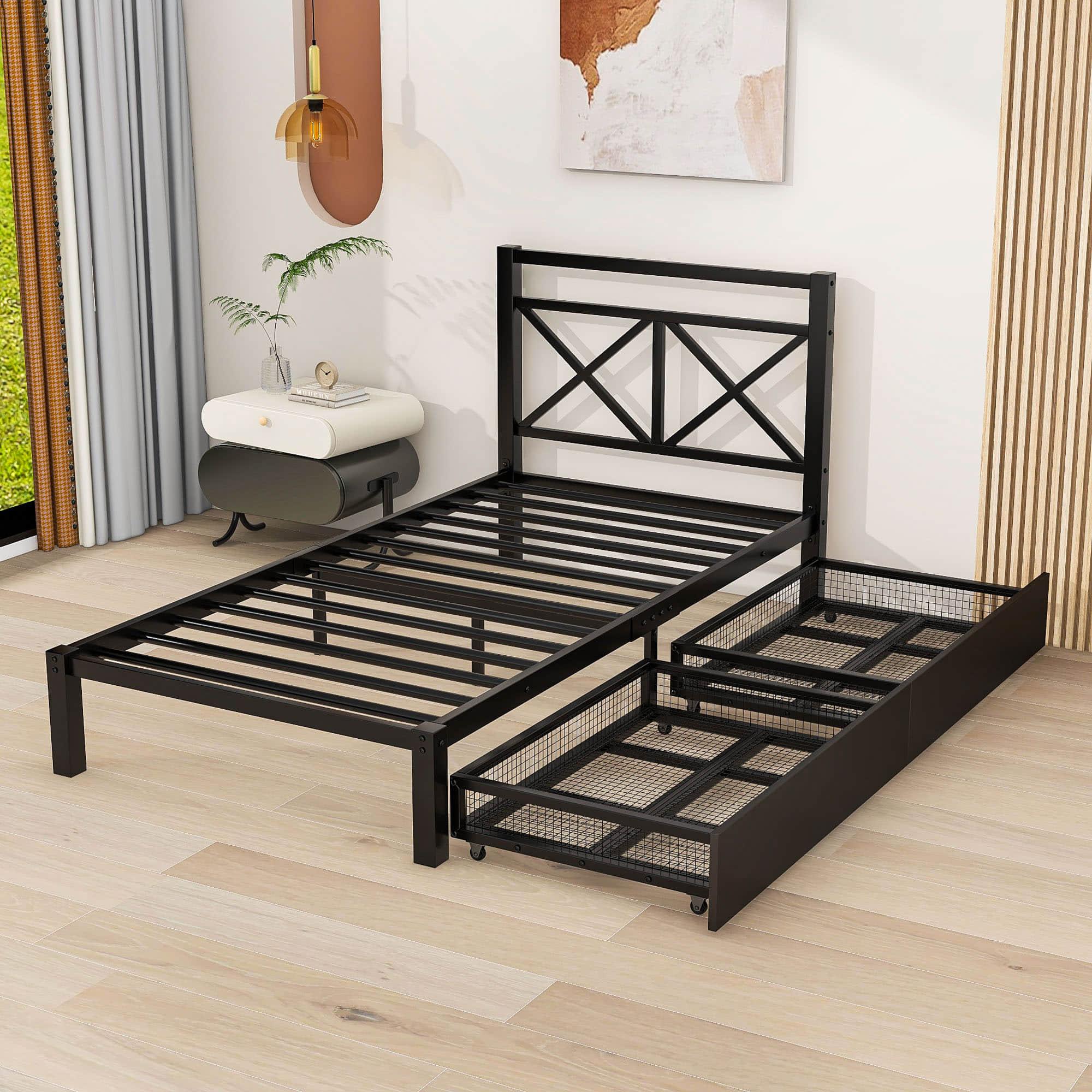 Metal Black Twin Platform Bed with Headboard and Storage