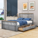 Wooden Full Size Platform Bed Frame with Storage and Slat Headboard