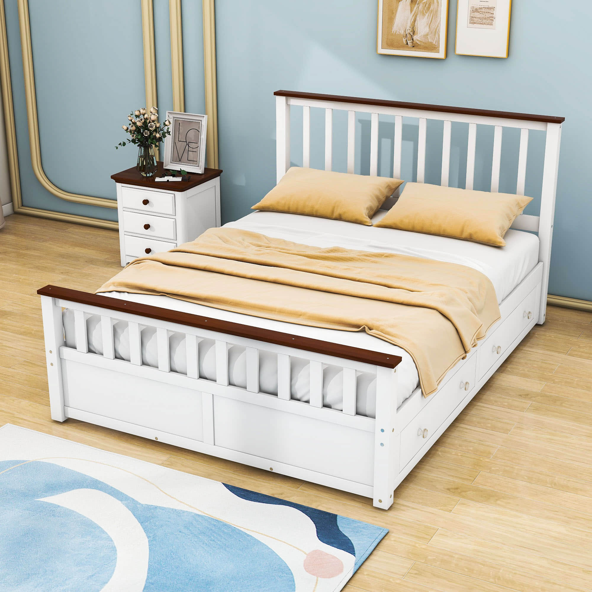 Wooden Queen Size Platform Bed Frame with Storage and Slat Headboard