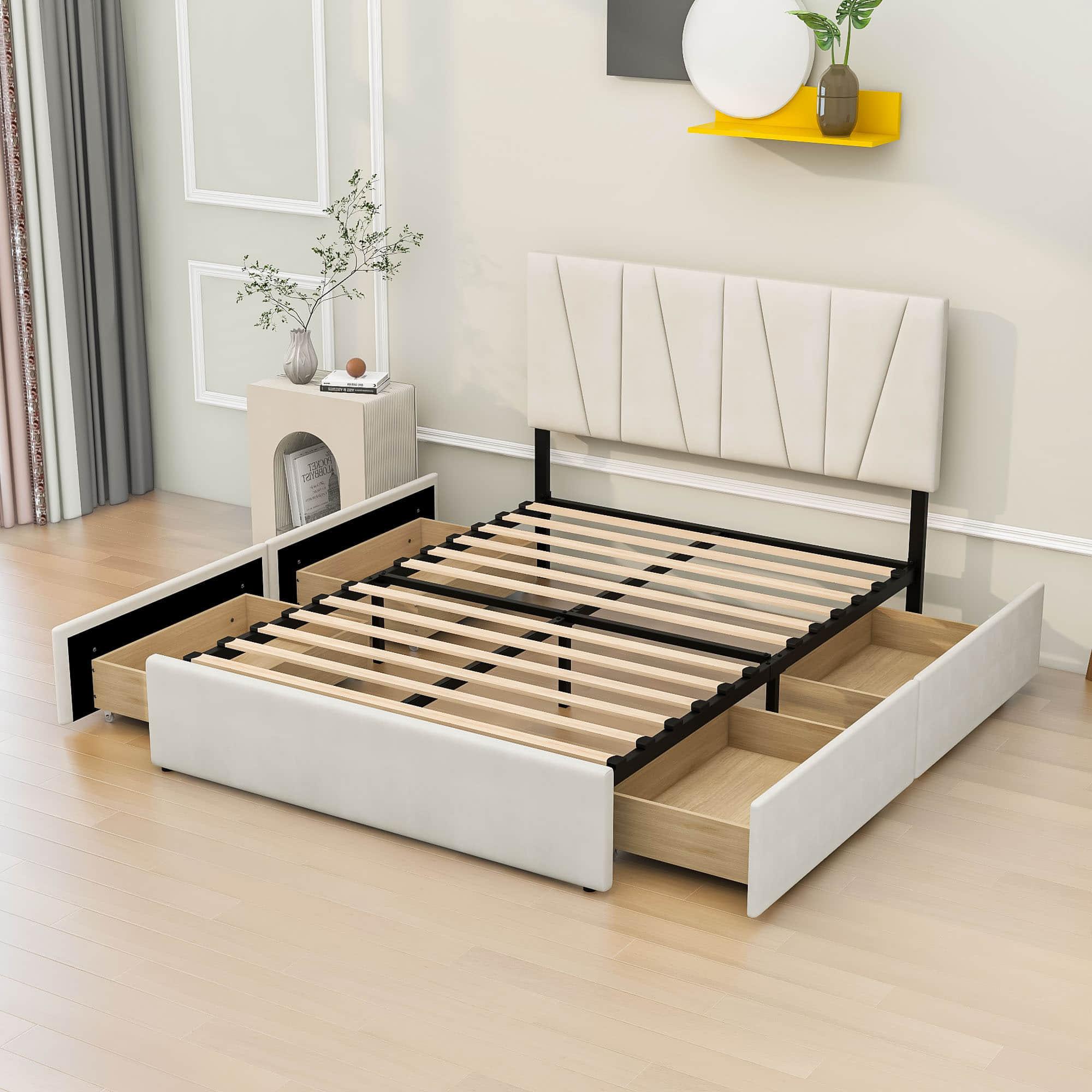 Upholstered Full Size Platform Bed with Headboard and Storage - [4 Drawers, Velvet]