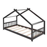 Wooden Twin Low House Bed Frame for Toddler, Kids