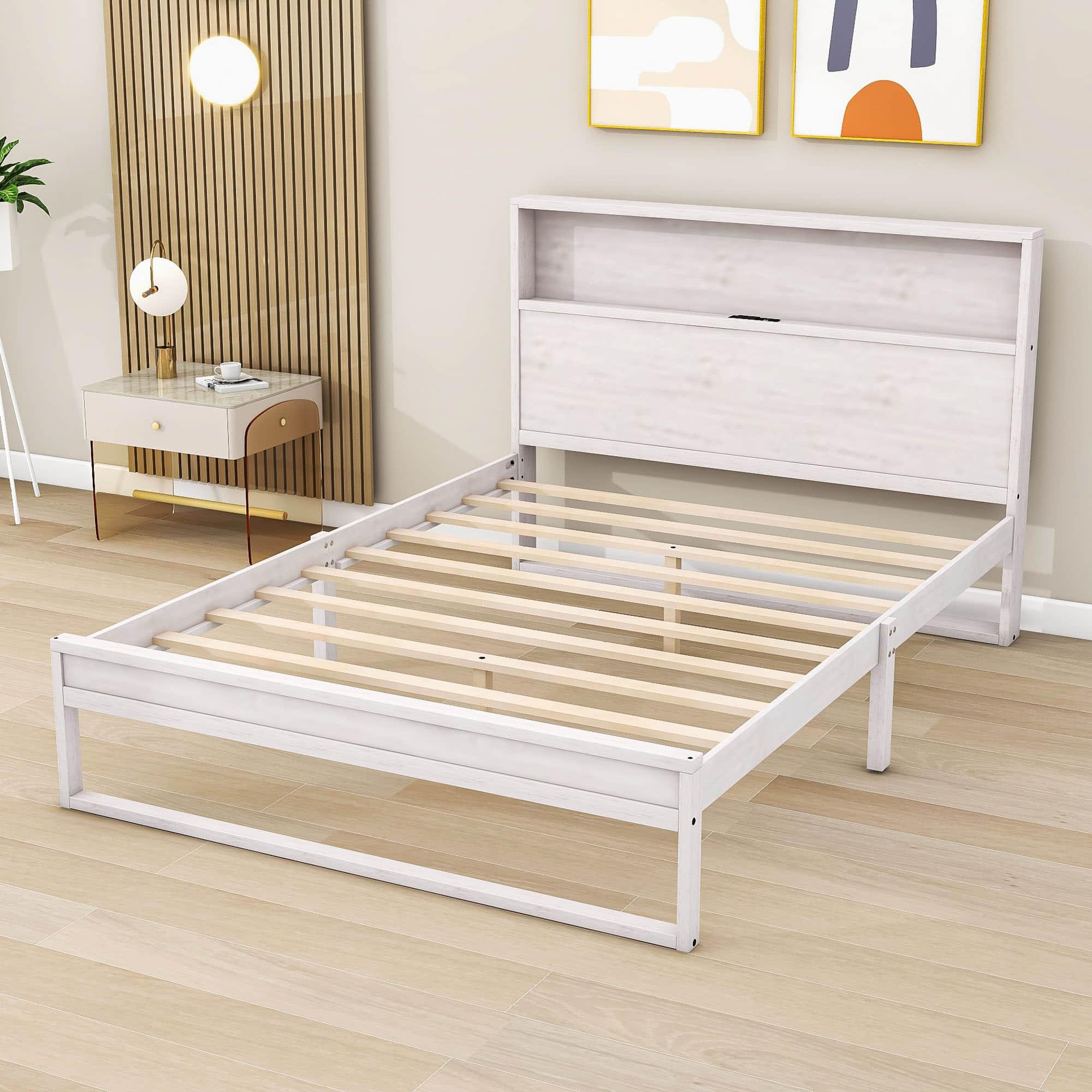 Smart Rustic Farmhouse Queen Size Platform Bed with Storage Headboard - [Sockets, USB Ports]