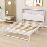 Smart Rustic Farmhouse Queen Size Platform Bed with Storage Headboard - [Sockets, USB Ports]