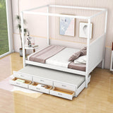 Queen Size Captain's Canopy Bed with Twin Trundle Bed and Storage - [Wooden, Drawers]