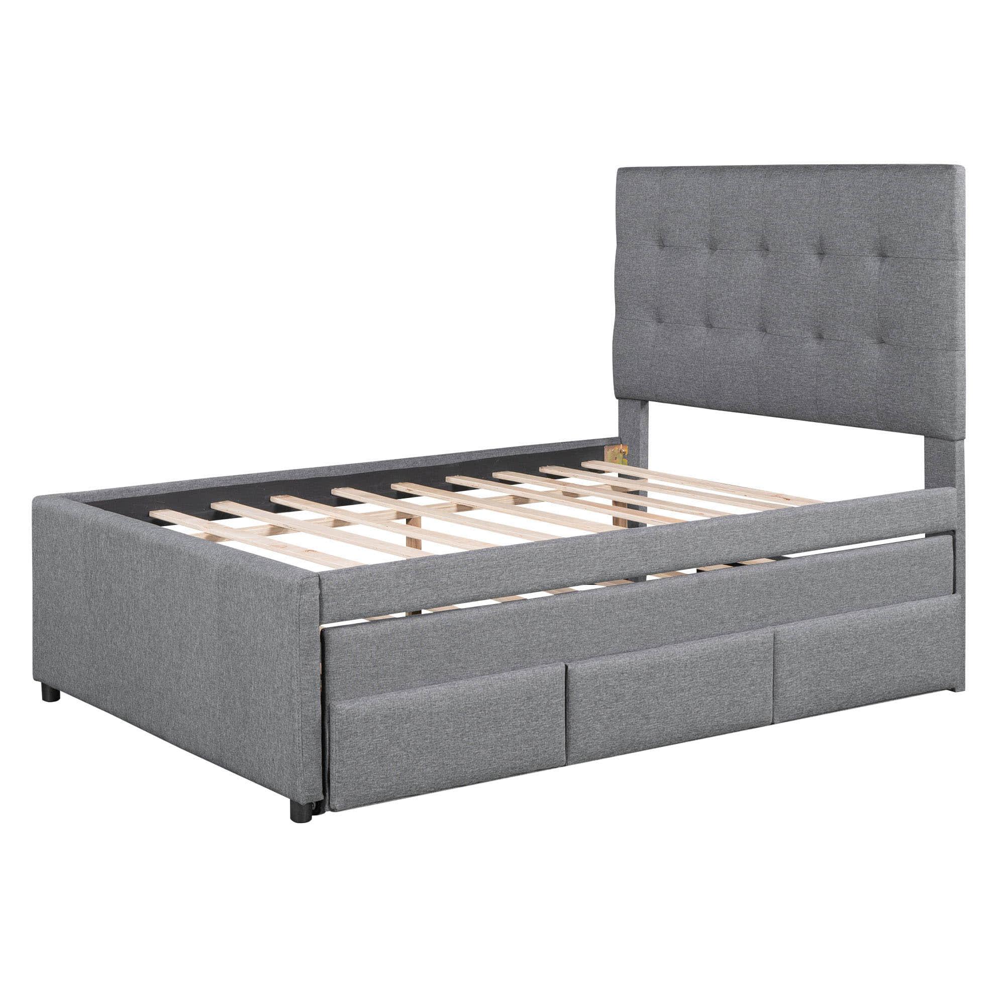 Full Size Linen Upholstered Platform Bed Frame with Storage and Trundle